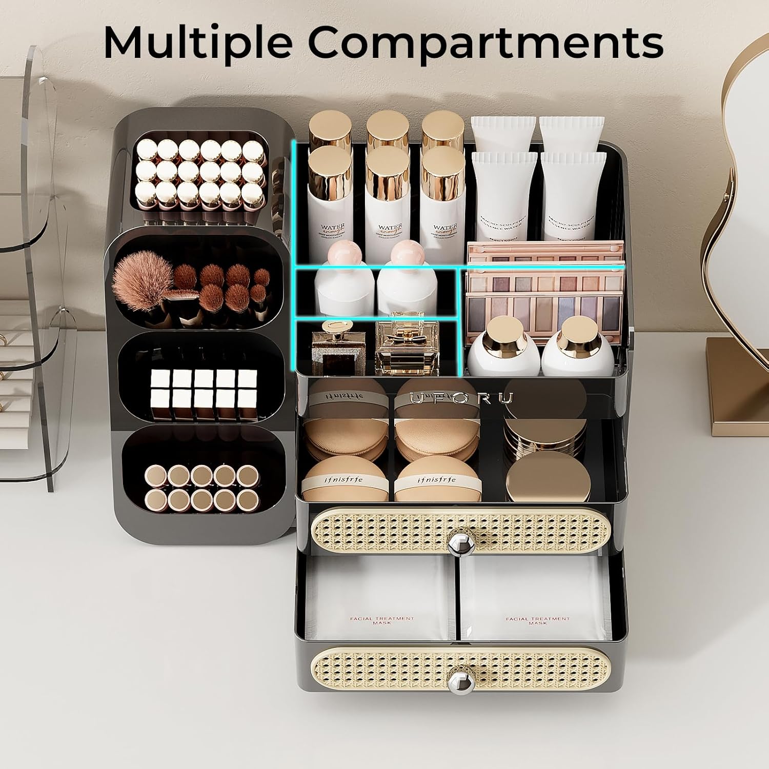Makeup Organizer for Vanity with Brush Holder, Large Plastic Bathroom Countertop Skincare Organizer with 2 Drawers, Spacious Cosmetic Display Case for Perfumes, Eyeshadow Palettes, Nail Polishes