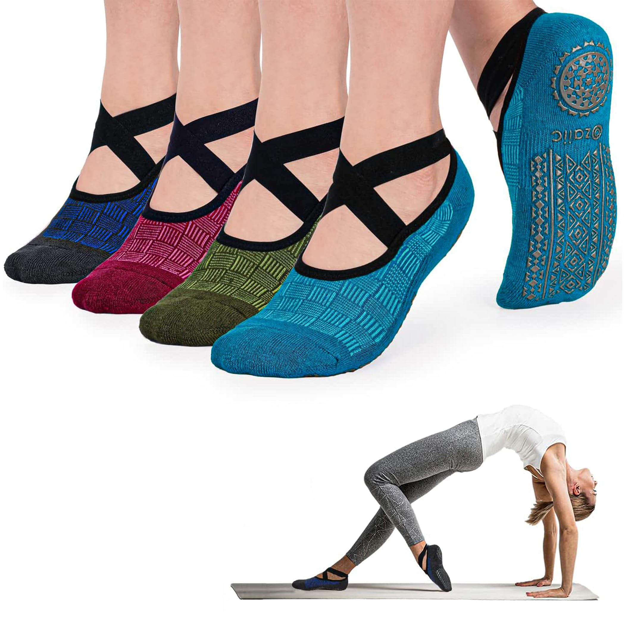 Ozaiic Yoga Socks for Women Non-Slip Grips & Straps, Ideal for Pilates, Pure Barre, Ballet, Dance, Barefoot Workout