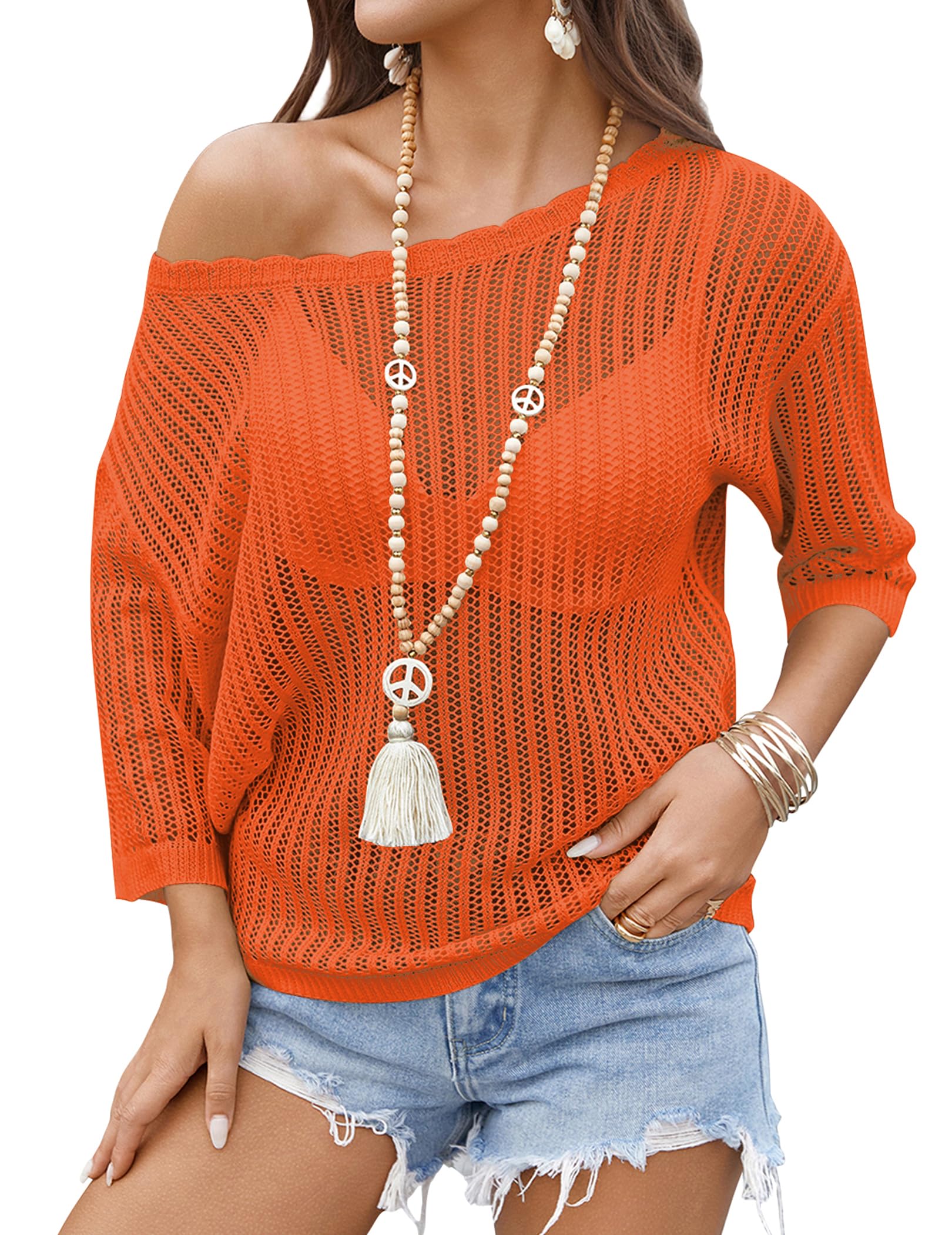 Zeagoo Womens Summer Tops Crochet Sweaters Resort Wear 3/4 Sleeve Hollow Out Knit Tops 2026 Beach Coverup