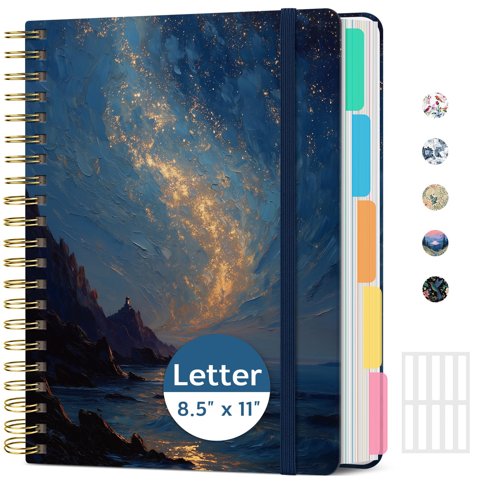 Cuadernos grandes con forro en espiral para el trabajo con separadores y pestañas extraíbles, 8.5 x 11 pulgadas, bonita tapa dura, cuaderno de 5 asignaturas para mujeres, rayado universitario