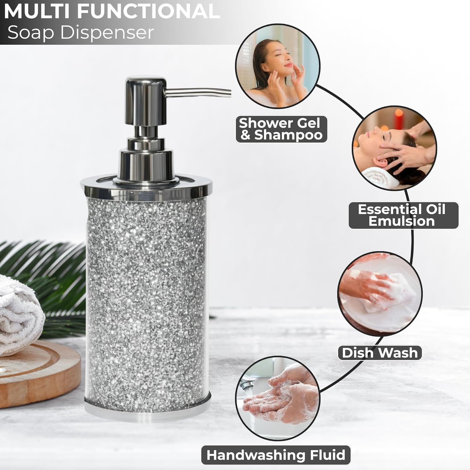 Escenzy Crushed Diamond Glass Bathroom Accessories Set 3 Pcs | Silver Crystal Soap Dispenser and Toothbrush Holder Set with Tumbler | Modern Bathroom Accessory Set and Vanity Organizer