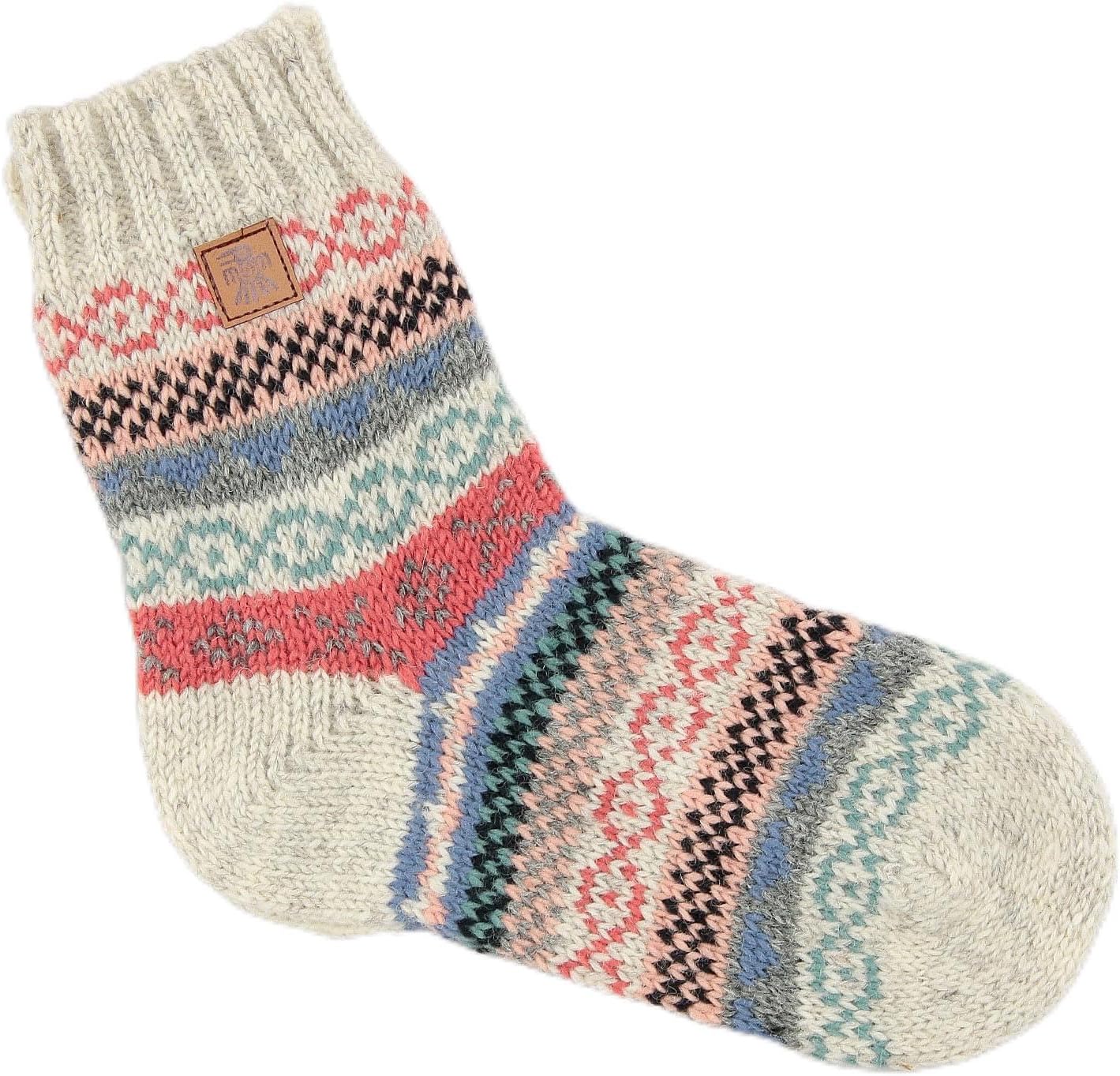 Women 100% Wool Bed Sofa Socks Fine Hand Knit Striped Fair Isle Medium 4-7 Handmade Extra Warm Fair Trade