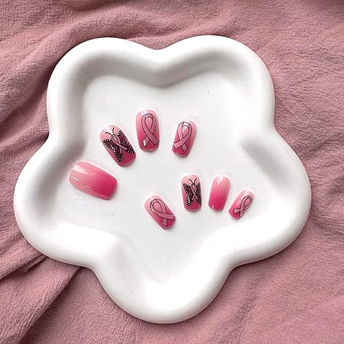 Miniatura 5 de Uñas postizas cuadradas a presión sobre cáncer de mama, uñas postizas de mariposa con cinta rosa, cobertura completa, longitud media, puntas de uñas