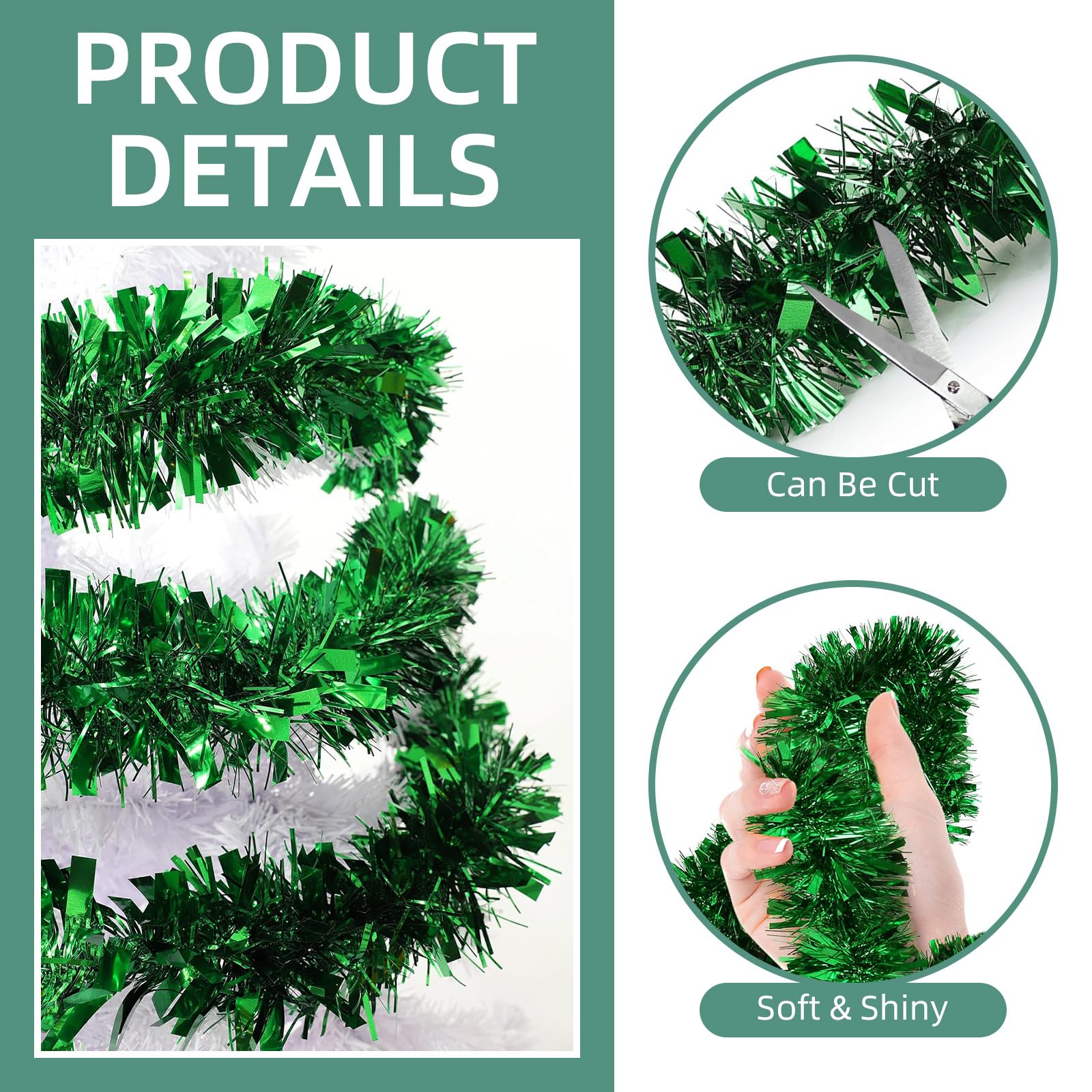 Guirnalda de oropel verde de 100 pies para Navidad, Halloween, decoración de guirnalda metálica de oropel para árbol de Navidad, Año Nuevo, vacaciones, fiestas de cumpleaños (3.54 x 50 pies,