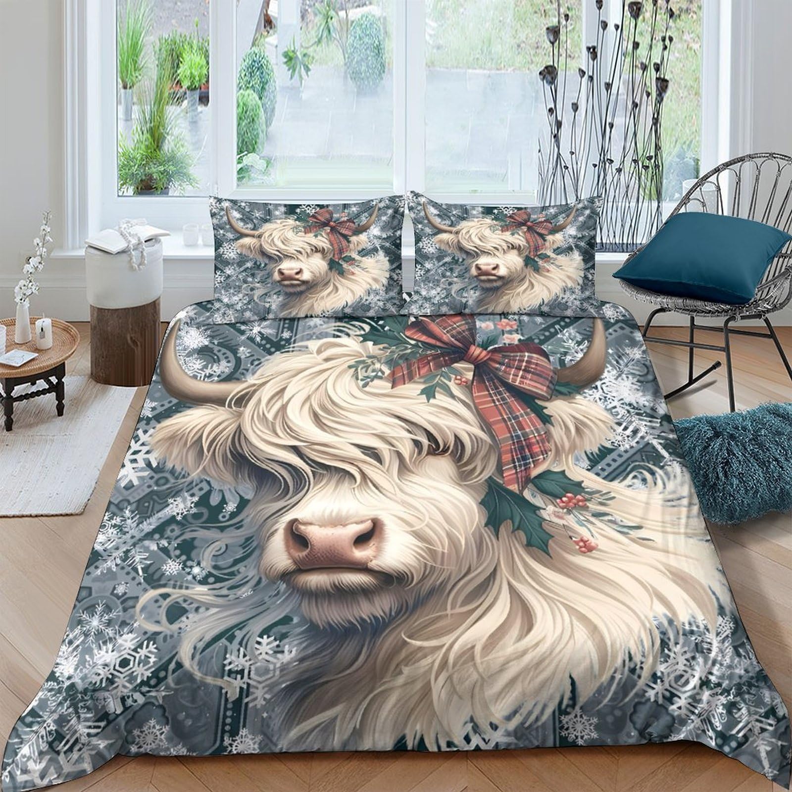 Ctjqhvkz Style-1 3D Printed Highland Cow Fitted Sheet Microfiber Floral Bed Cover Anti-Slip Washable For Bedroom Guestroom Decor Single（135X200cm）