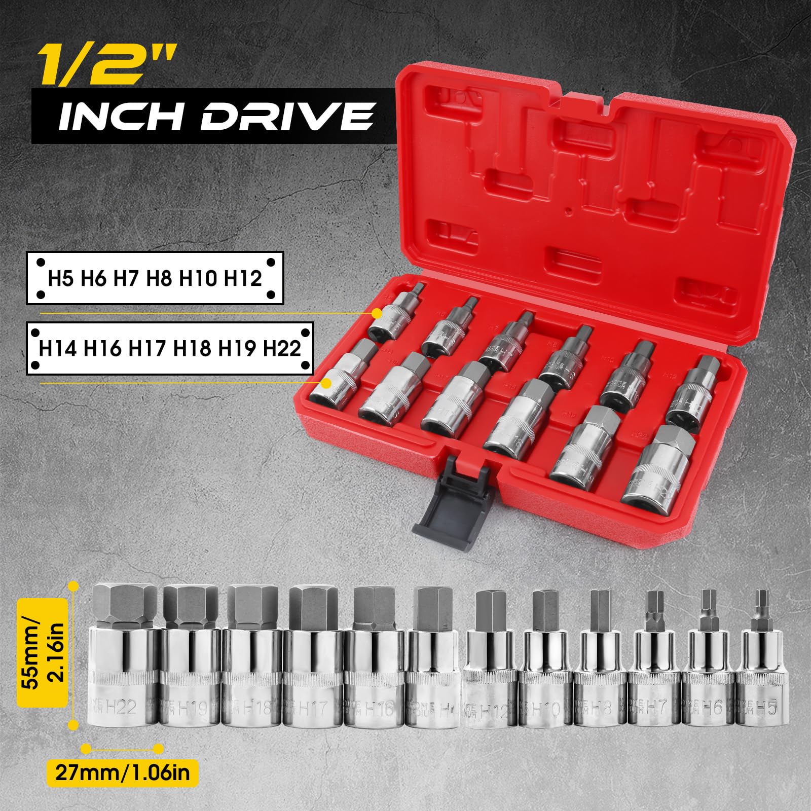 12 Pezzi Set di bussole per chiavi a brugola, 1/2" Set di bussole a bussola esagonali, Chiavi a Bussola 5,6,7,8,10,12,14,16,17,18,19,22 mm
