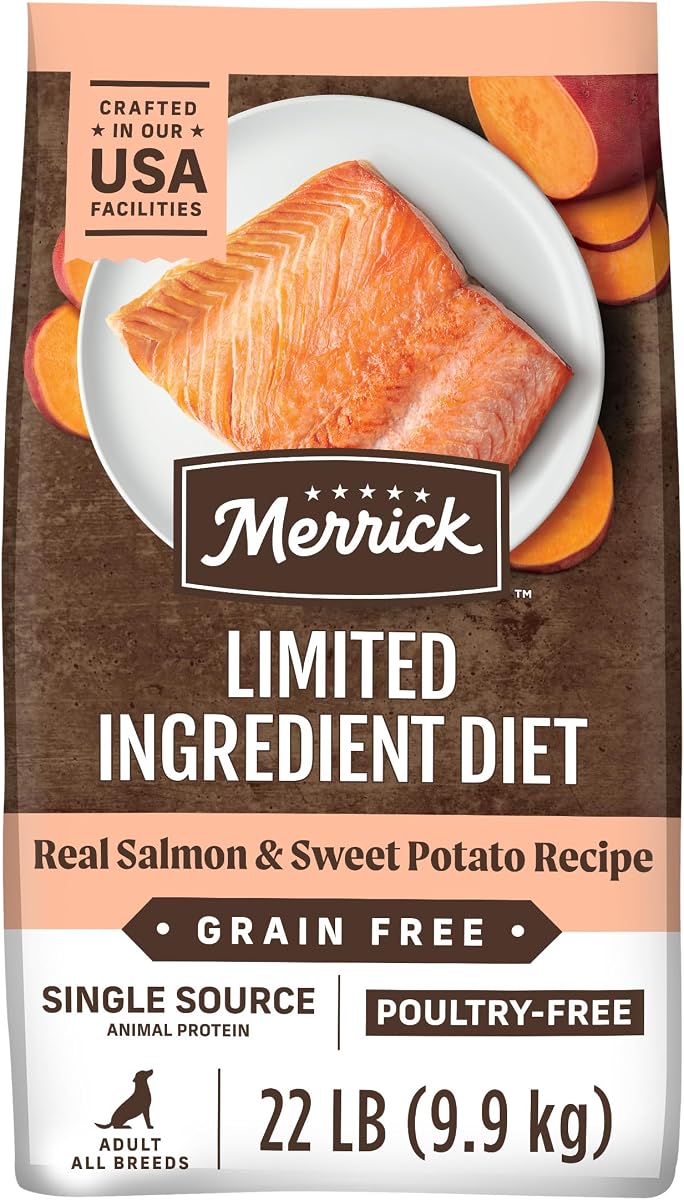 Merrick Alimento seco para perros con ingredientes limitados, sin cereales, croquetas premium y saludables, salmón y batata, bolsa de 22,0 lb