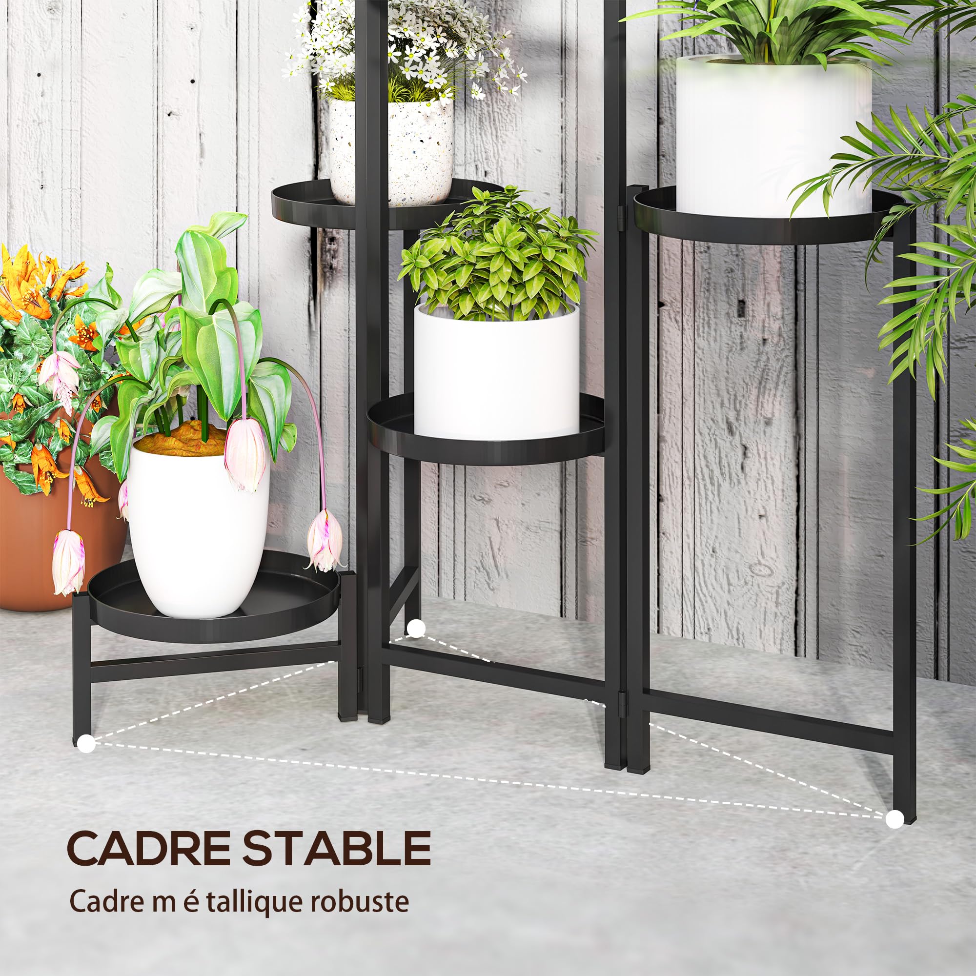 Outsunny Support pour plantes 6 niveaux Ajustable Pliable Métal Noir | Étagère Plante, Design sans Vis, Porte Plantes d'Intérieur pour Plusieurs Fleurs