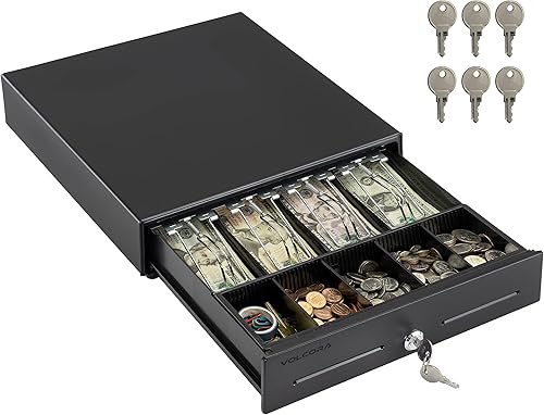 Volcora 13" Electronic Cash Register Drawer for Point of Sale (POS) System with 4 Bill 5 Coin Cash Tray, Removable Coin Compartment, 24V, RJ11/RJ12 Key-Lock, Media Slot, Black - for Small Businesses(Black,4 Bill 5 Coin)