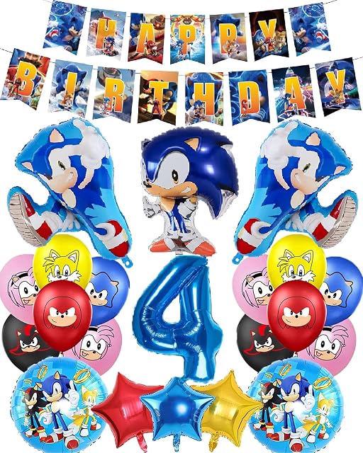 Sonic Party Decorations,4th Birthday Decorations for Kids Boys -Happy Birthday Banner,Latex and Foil Helium balloons,Number 4 age for Kids Baby Girls theme Party Supplies Favor(4)