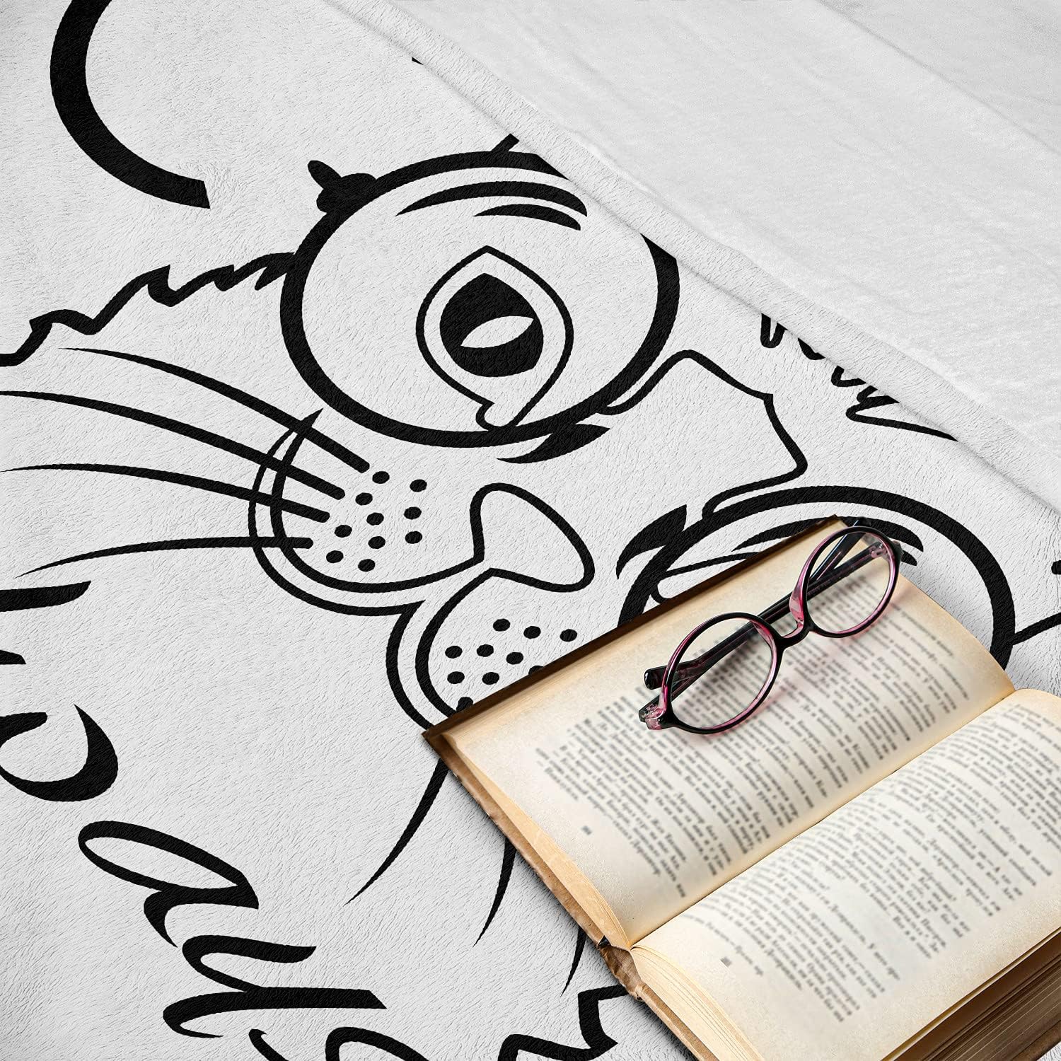 Lunarable Cat Throw Blanket, Cool Smart Fashion Kitty Image in Big Glasses Hipster Pet Animal Satire Sketch, Flannel Fleece Accent Piece Soft Couch Cover for Adults, 60" x 80", Black White