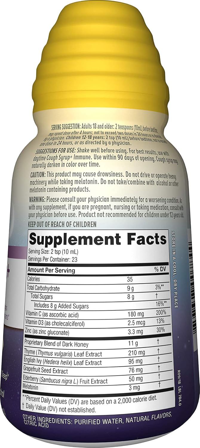 Zarbee's Naturals Complete Nighttime Cough Syrup + Immune with Dark Honey, Real Elderberry, and Melatonin, 8 Ounce Bottle