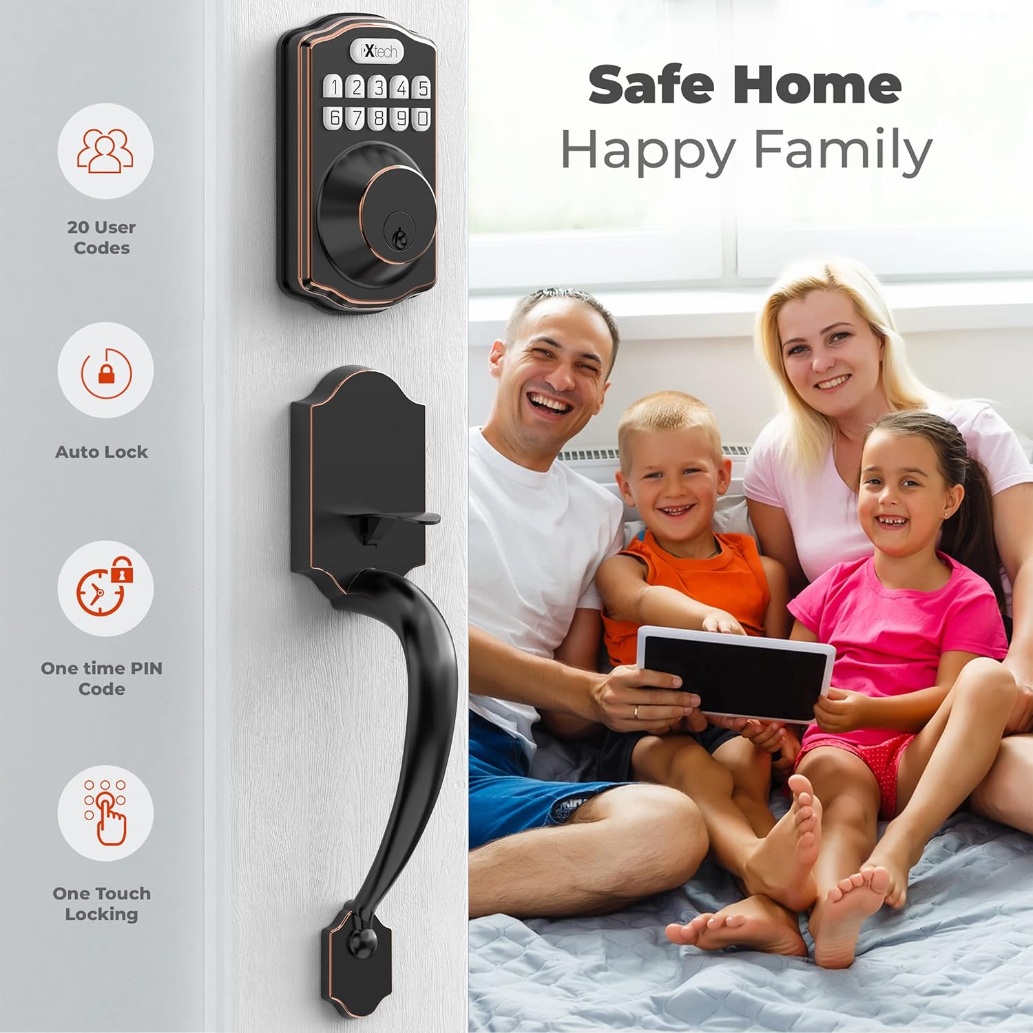 IXTECH Home Keyless Entry Door Lock Deadbolt with Handle, Fits Standard Right and Left Hand Front Doors, Customizable Button Electronic Keypad, Oil-Rubbed Bronze Finish