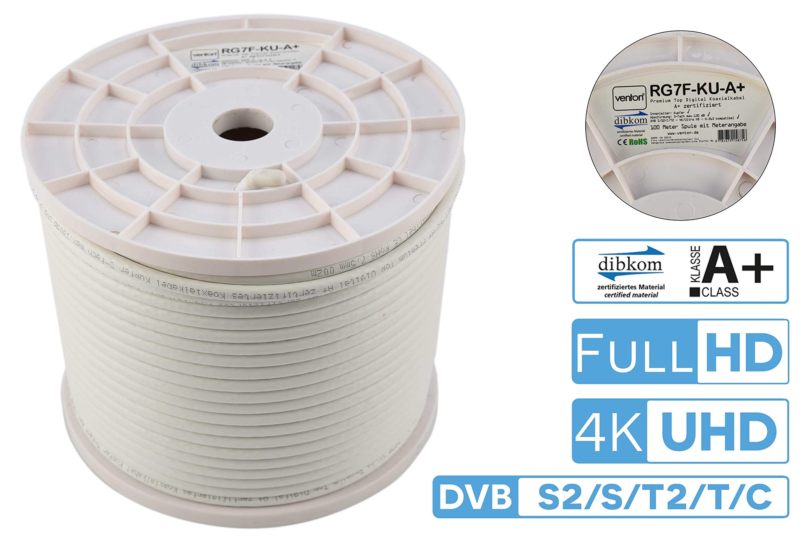 Venton Cavo coassiale RG7F-KU 300 m, cavo antenna A+ 130 dB max. I 5 schermati HQ digitale HD 4K 3D in rame I cavo coassiale per impianti DVB-S2 -C -T2 -BK
