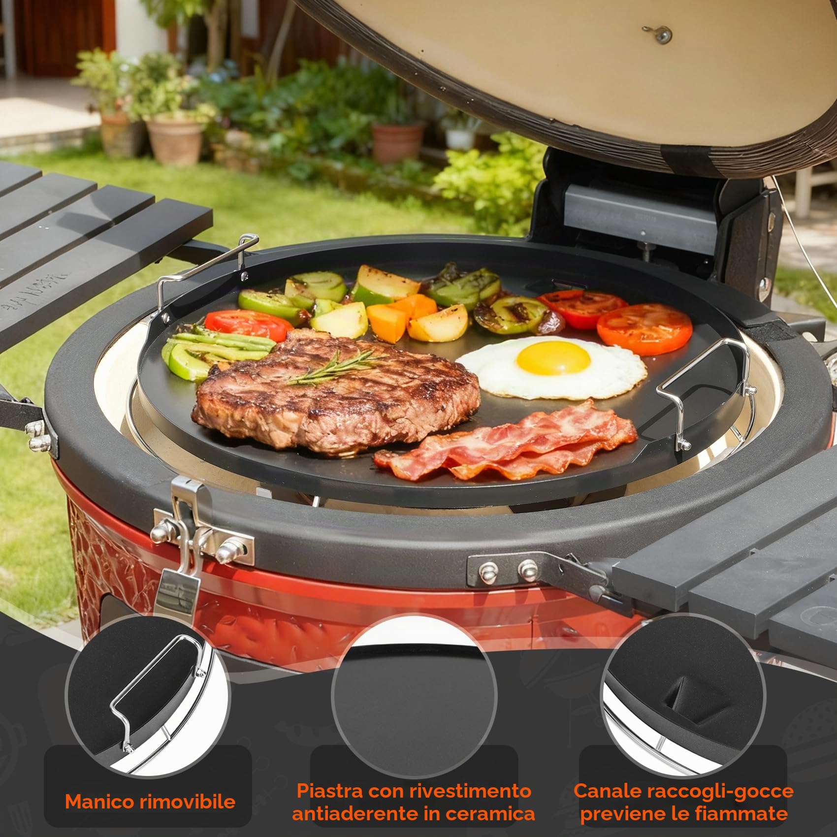 Onlyfire Piastra per Barbecue in Rivestimento Antiaderente in Ceramica per Kamado Joe Classic e Large Big Green Egg, Flat Top Piastra con Staffa per Griglia in Ceramica di Dimensioni Simili