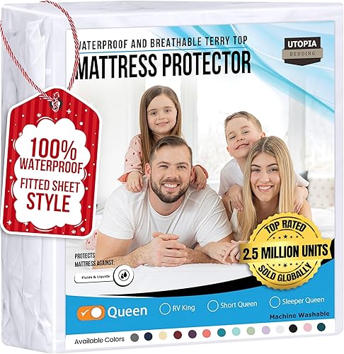 Utopia Bedding Waterproof Mattress Protector Queen Size, Premium 200 GSM Terry Mattress Cover, Soft & Breathable Bed Cover, Fitted Sheet Style with