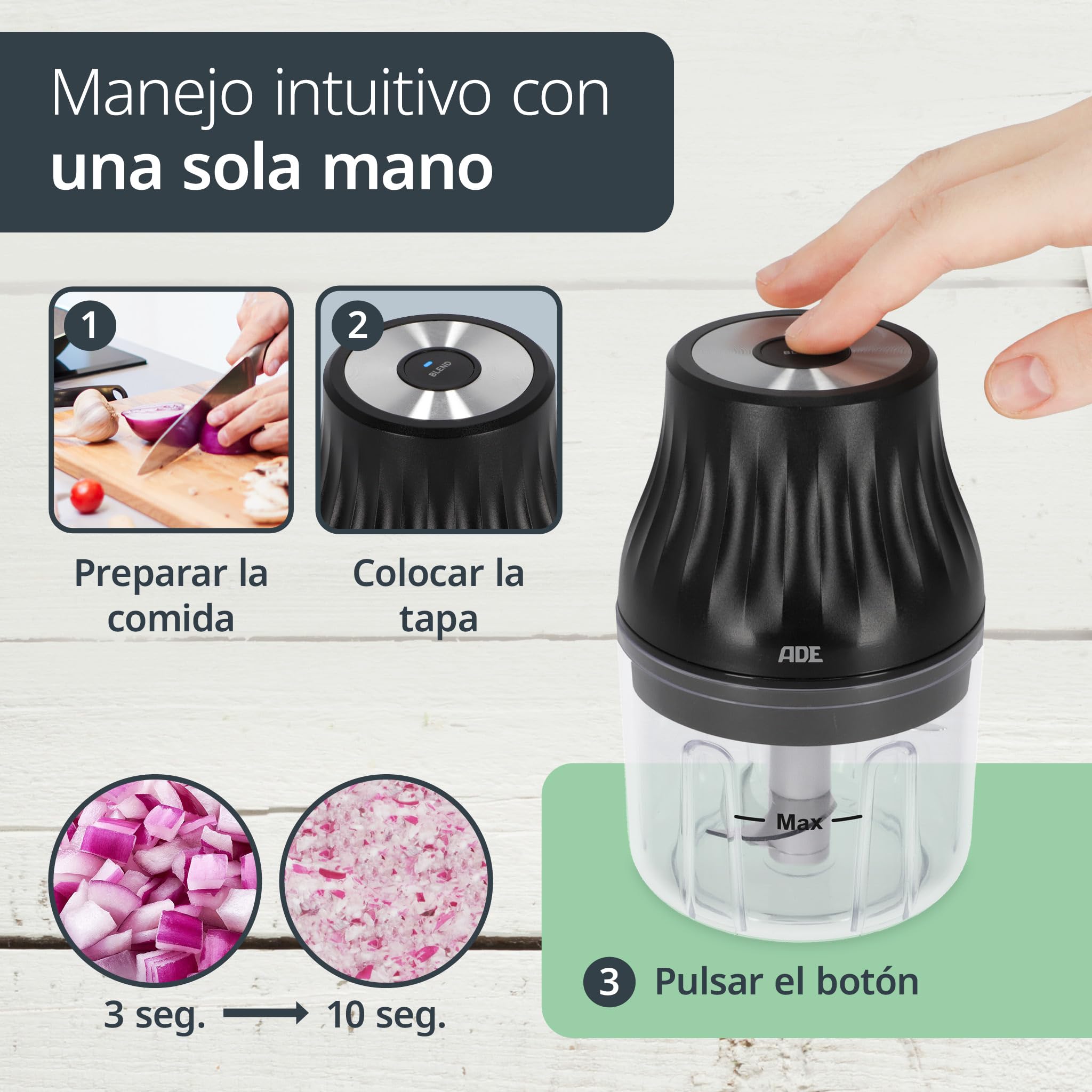ADE Mini picadora eléctrica sin cable | procesador de alimentos con cable USB | food processor para verdura, carne, fruta, hierbas | ideal para cantidades pequeñas | 150 ml