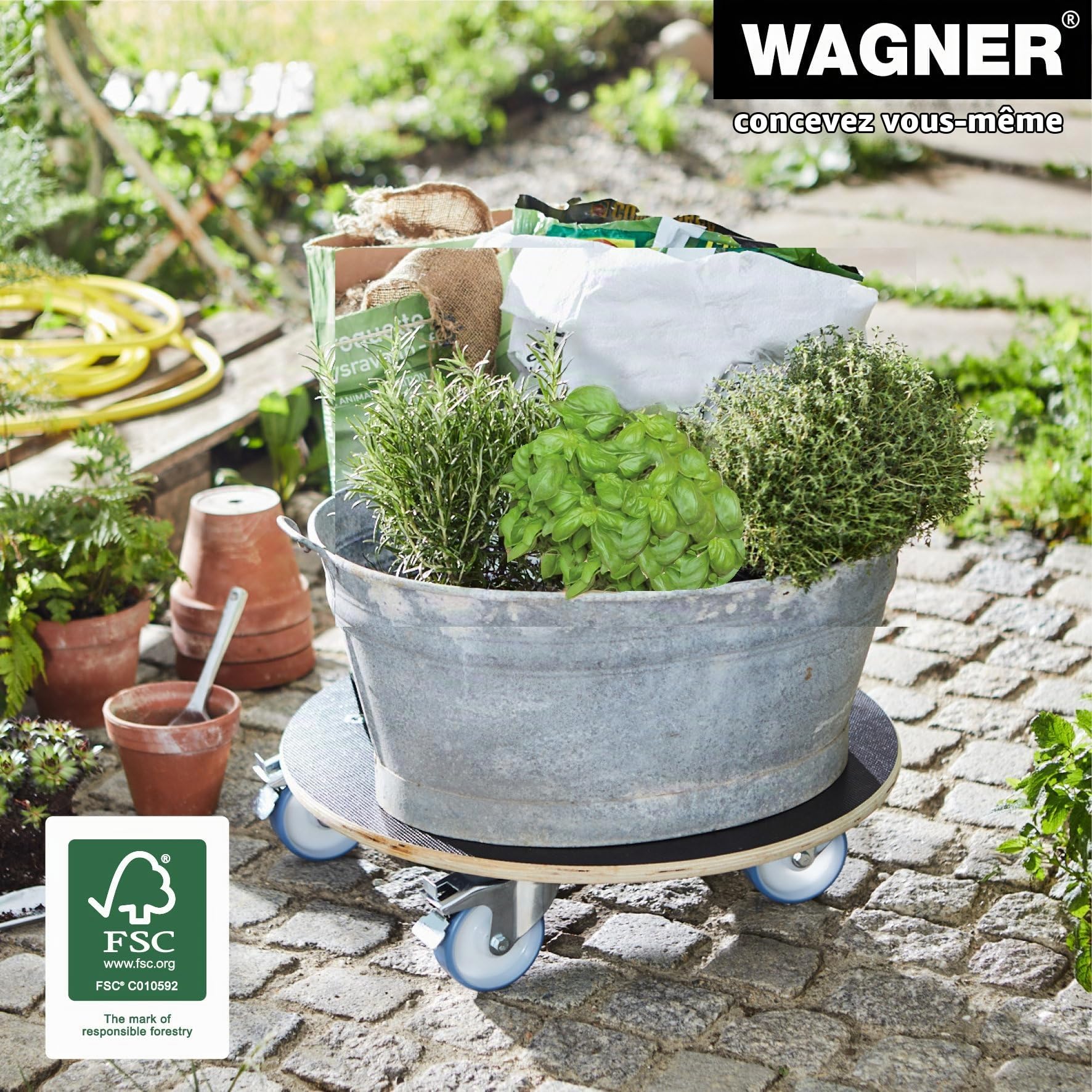 WAGNER Chariot de Plantes Maxigrip Ø 58 x 14, 5 cm | pour intérieur + extérieur | en Bois certifié FSC®, 2 blocages directionnel, de Roue | Capacité de Charge 300 kg | Made in Germany - 20116801, Brun