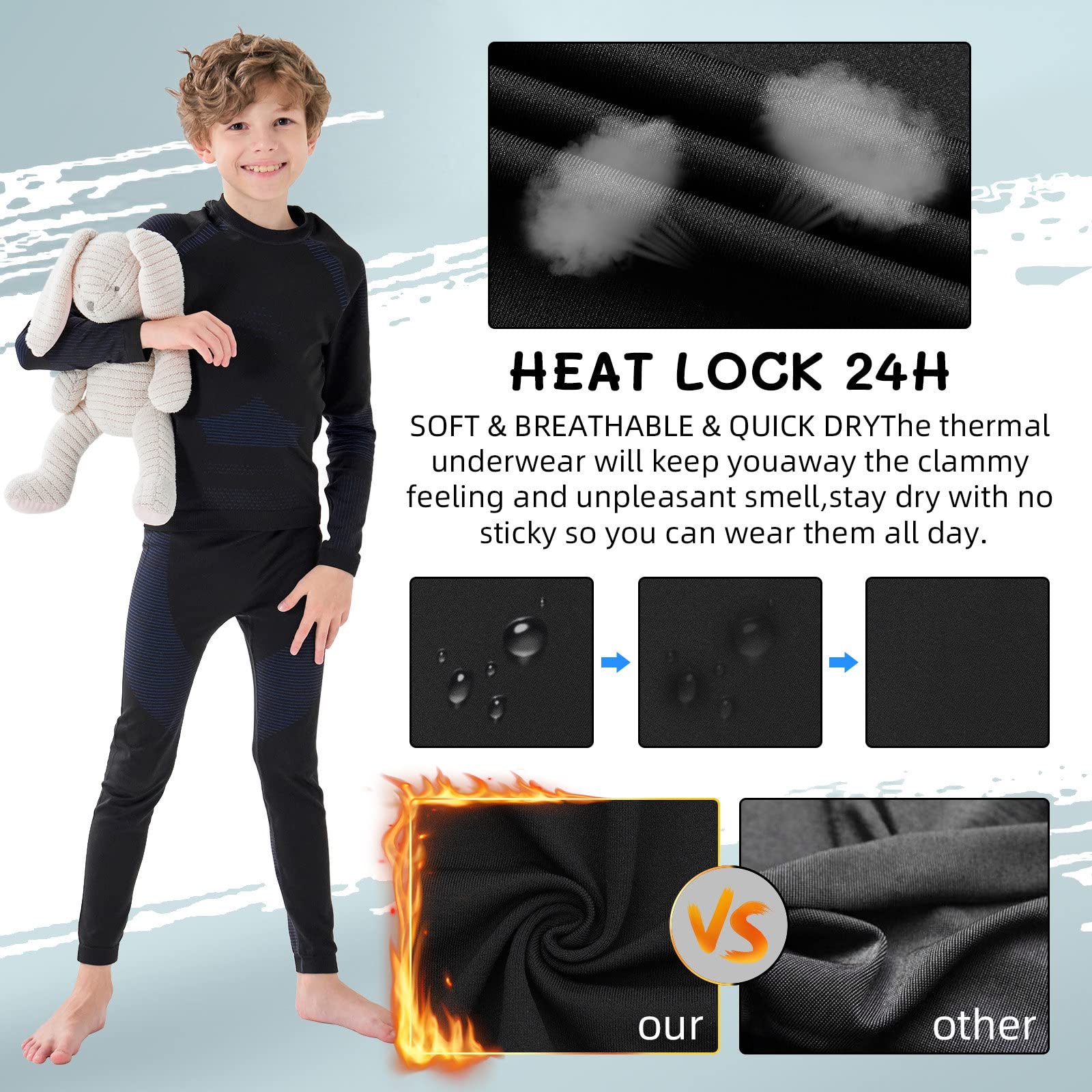Homord Set Intimo Termico Bambino Traspirante Tessuto di Carbone di bambù Intimo Funzionale Set Biancheria Intima Termica Buono per Il Calcio, Lo Sci, l'hockey su Ghiaccio, la Corsa, Il Sonno