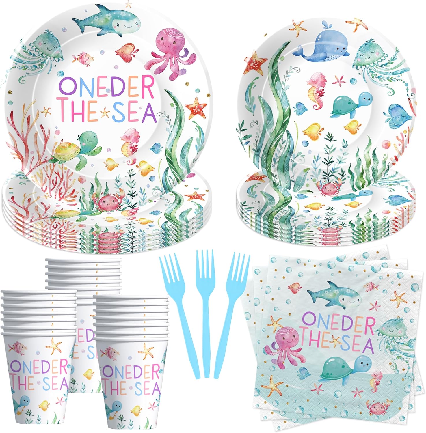 APOWBLS Under The Sea One Year Old Birthday Party Decorations Tableware, Ocean Oneder Sea 1st First Birthday Decorations Supplies, Paper Plate, Cup, Napkin, Fork | Serves 24 (Pack of 2)