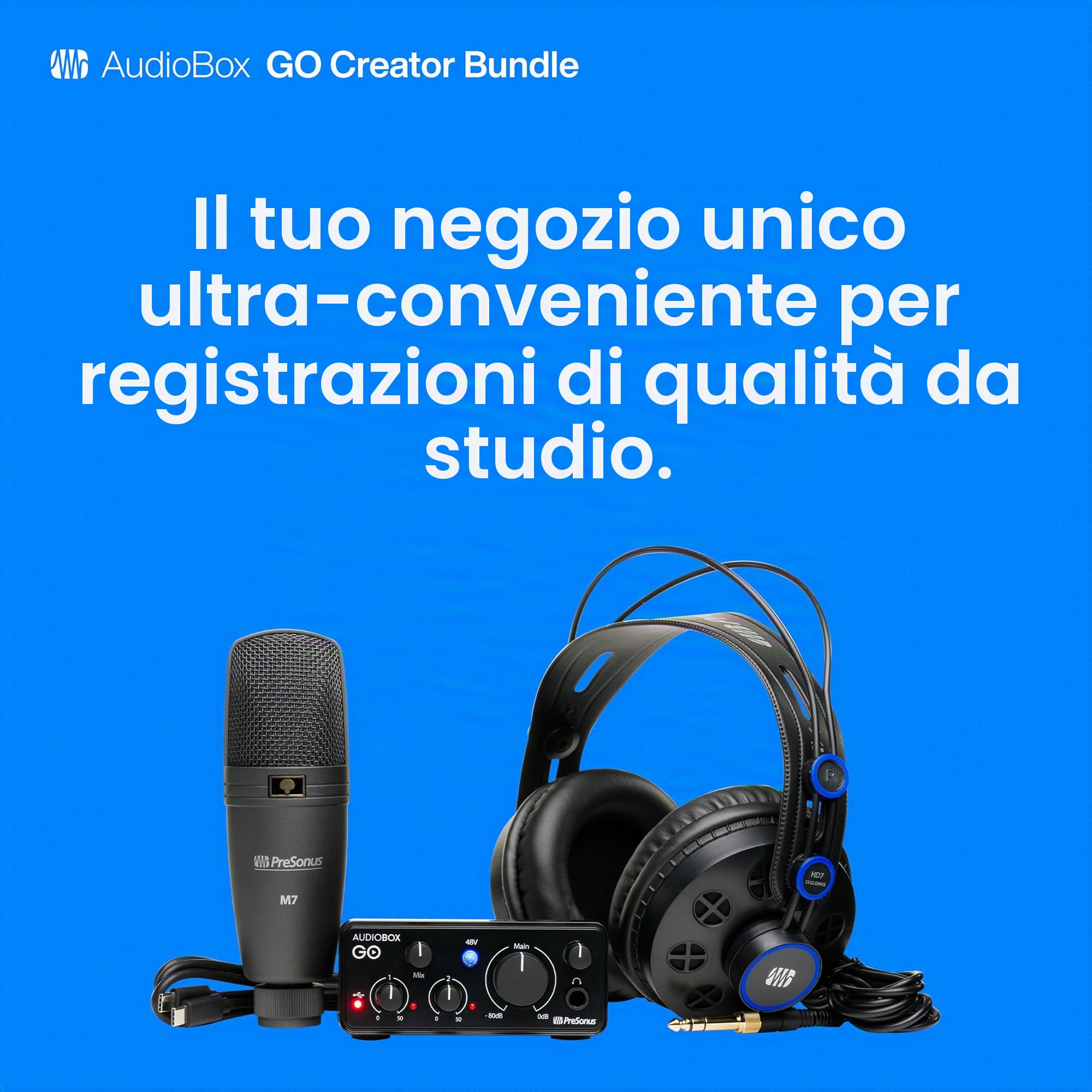 PreSonus AudioBox Go Creator Set completo di registrazione in studio con interfaccia USB Audio 96K, microfono a condensatore, cuffie di monitoraggio professionali e software DAW Studio One Pro