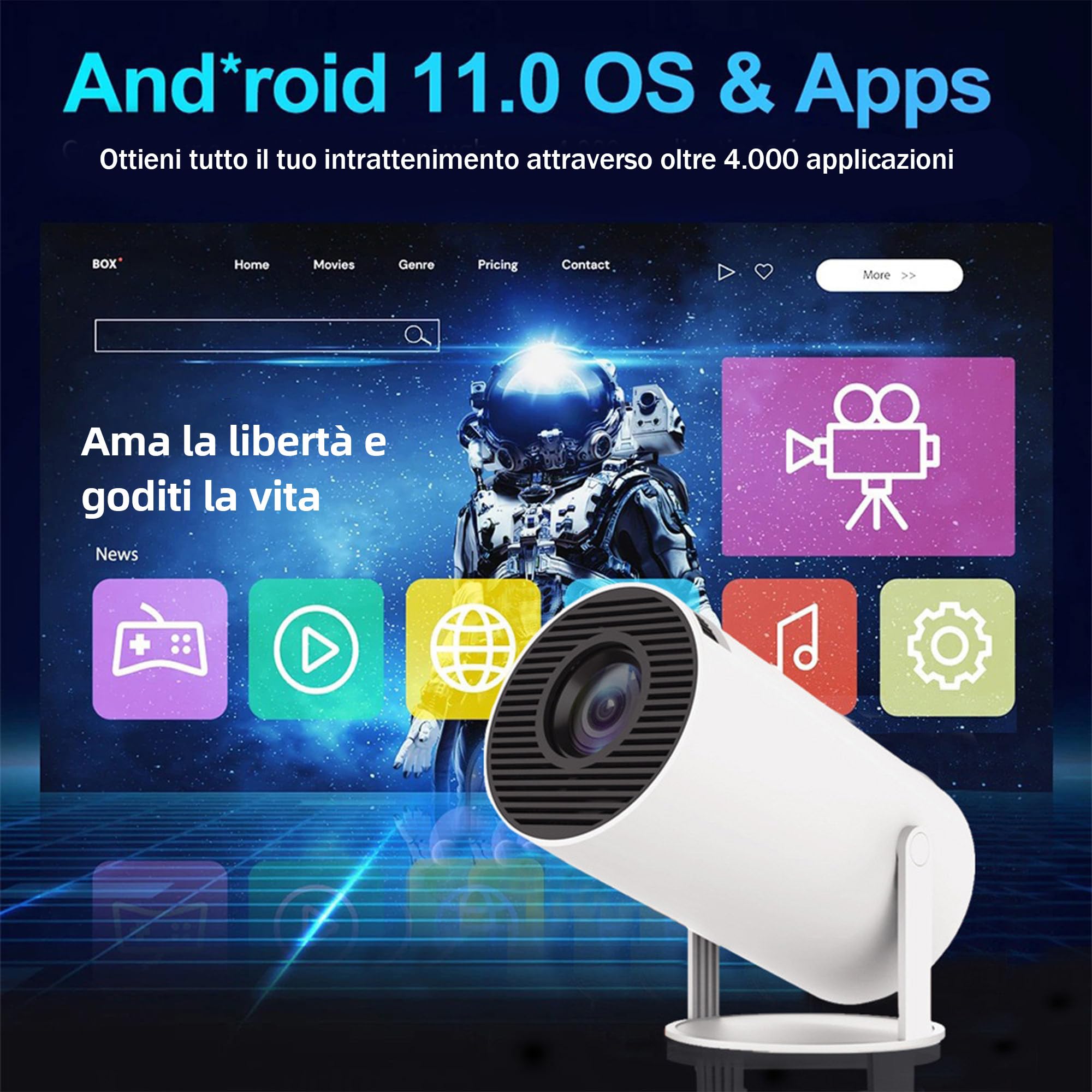 Proiettore Arcade Vision Y5S con 2 controller wireless, mini proiettore di console per videogiochi retrò con oltre 10000 giochi, proiettore cinematografico portatile intelligente 4k con correzione aut