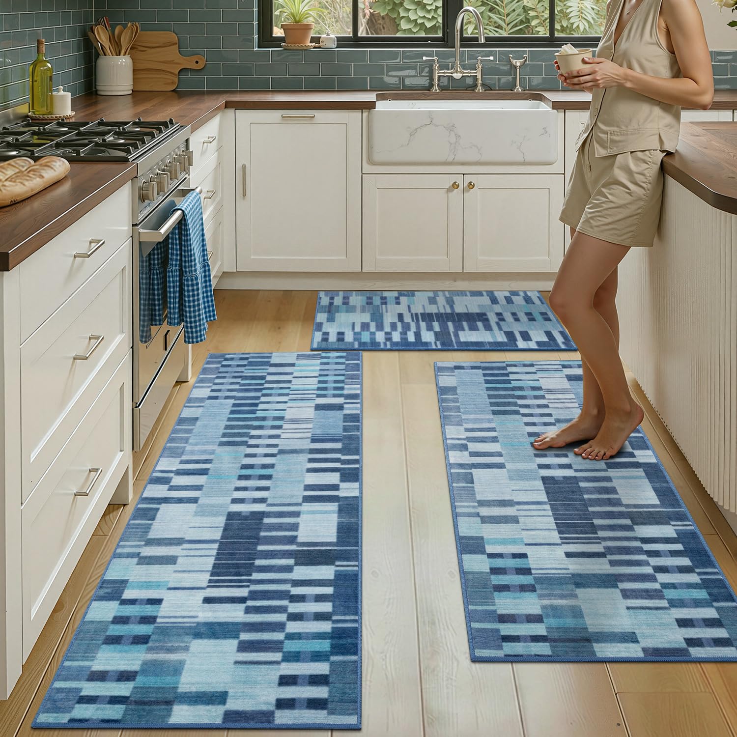 Biscpro Kitchen Runner Rugs,[No Crease] 3 Pieces Non Slip Kitchen Mats for Floor,Washable Kitchen Rugs,Geometric Floor Carpet for Hallways Entryway Laundry Room(50x80+50x120+55x150cm Blue)