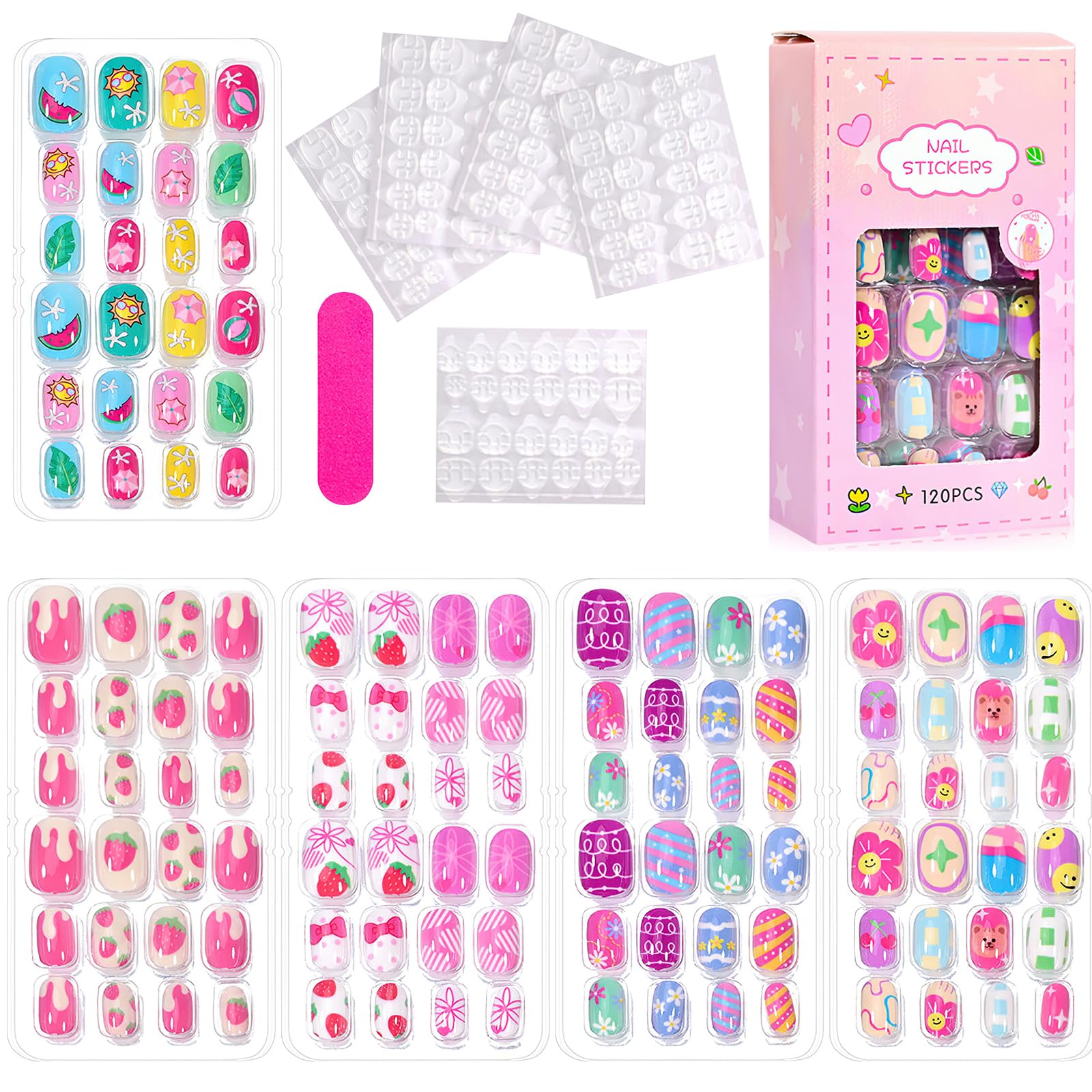 120PCS Kids Stick on Nails Kids False Nails for Girls Cute Pink Fake Nails for Girl Short Press on Nails with Stickers Full Cover Fingernail Lovely Gift for Girls Nails Art Decoration (Style1)