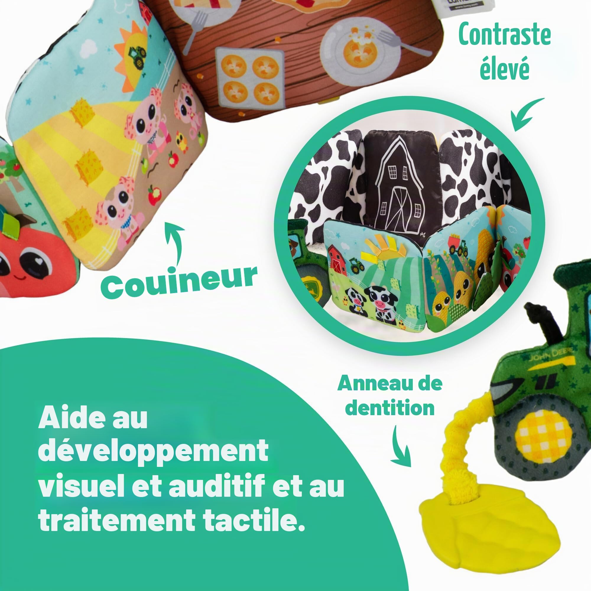 Lamaze John Deere Voyage de la Ferme à la Table | Livre Pliable Doux pour Bébé avec Panneaux Colorés et Noir et Blanc, Bruissements, Pouet-Pouet, Rubans | Jouet Sensoriel pour Bébé dès 6 Mois