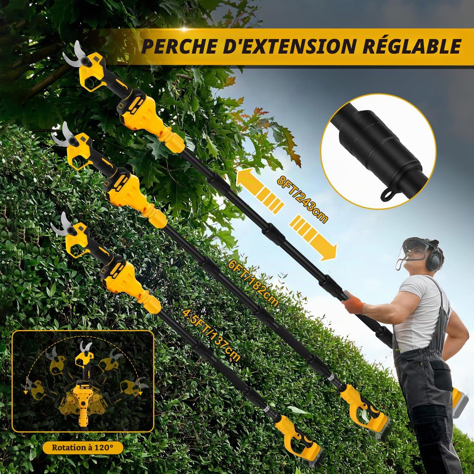Sécateur électrique compatible avec Dewalt 20 V, sécateur sans fil avec perche d'extension jusqu'à 4,57 m, écran LCD, batterie de 30 mm pour jardin (sans batterie)