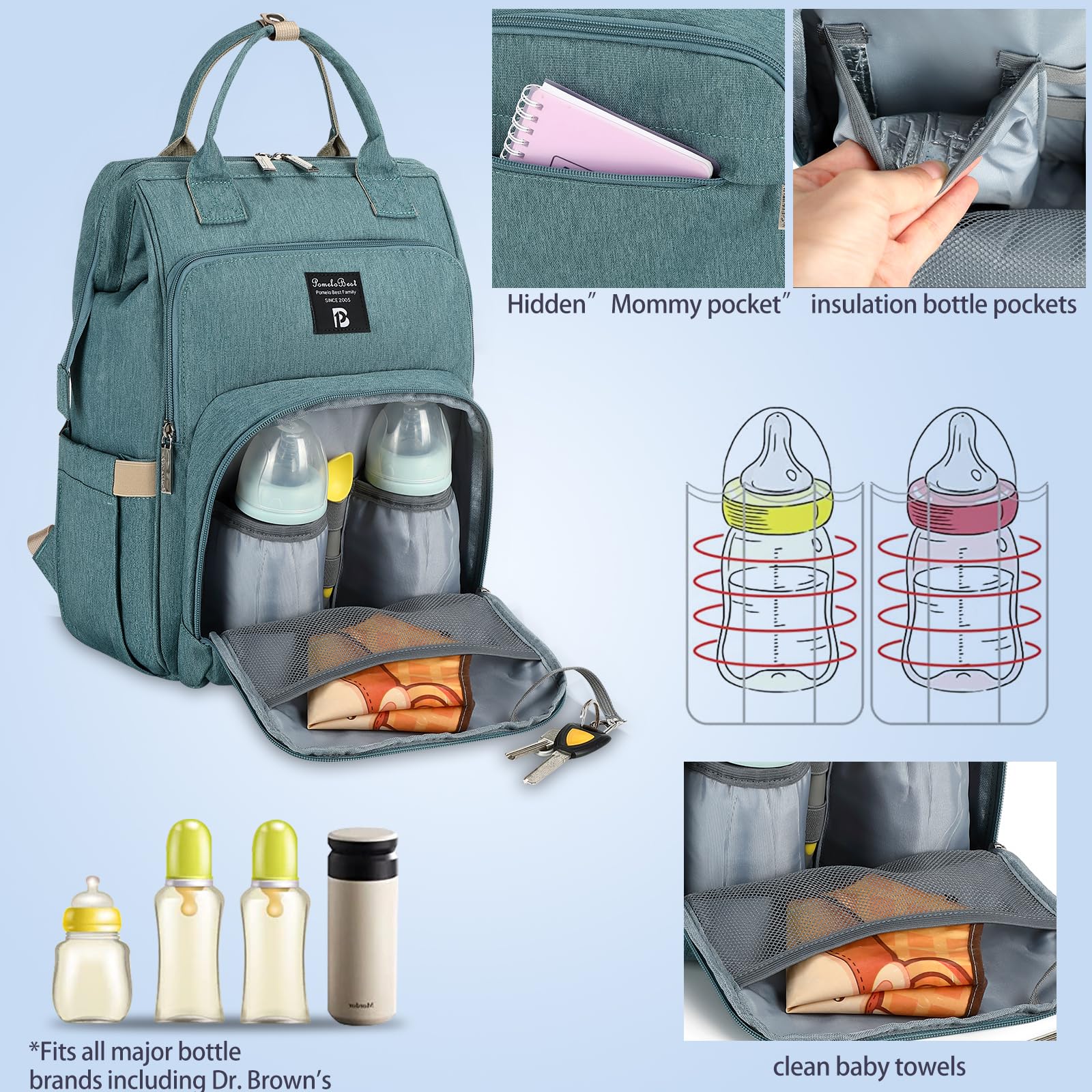 Pomelo Best Zaino Fasciatoio per Bambini, Elegante, con Fasciatoio Multifunzionale, Impermeabile, Grande Capacità, per Viaggi, Colore Blu Foschia, Nuova versione