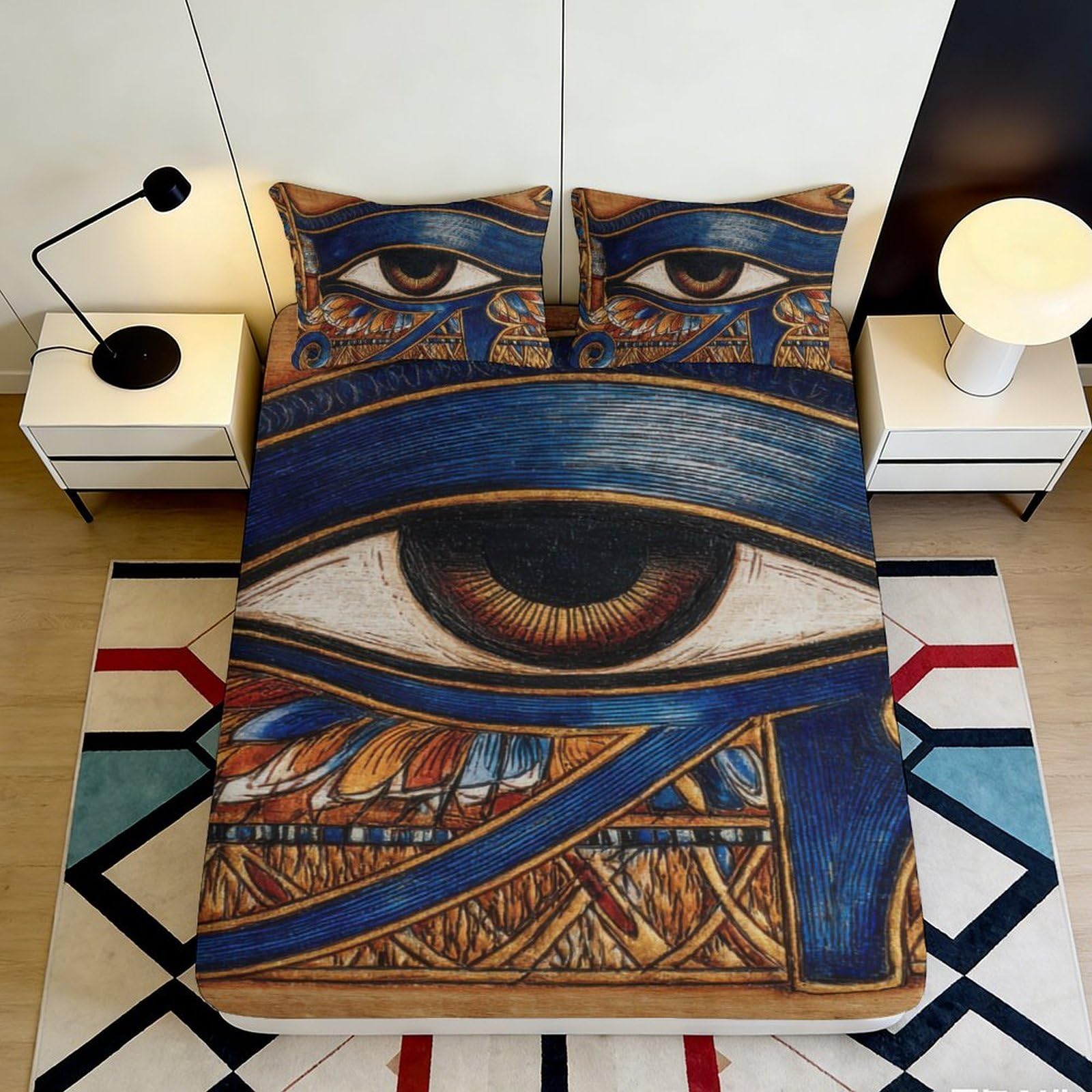 K1r3d9e5 Style-8 3D Printed Egyptian Eye Fitted Sheet Microfiber Blue Gold Artistic Mattress Cover For Bedroom Guest Room Decor 90X200x25cm