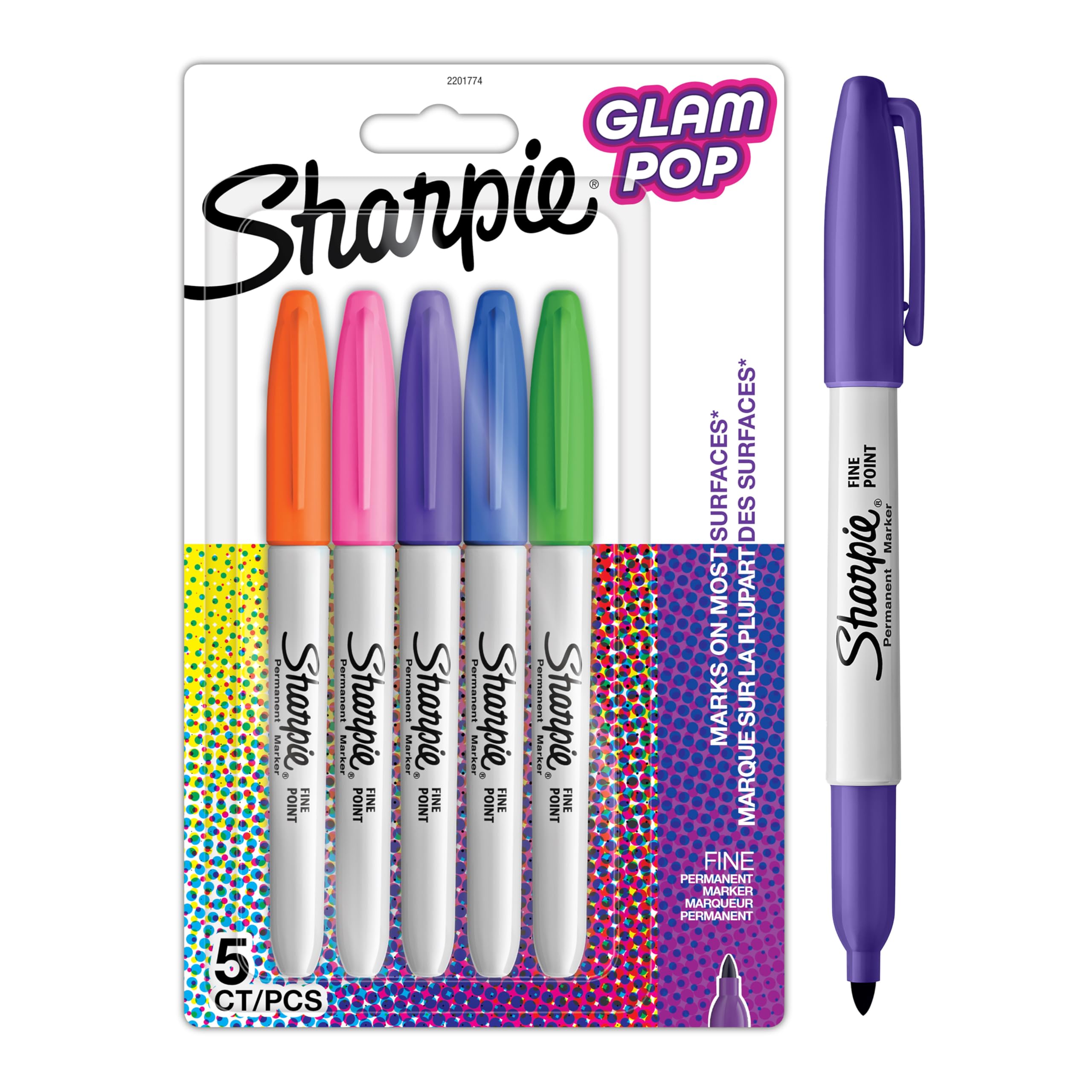 Sharpie Glam Pop Markers Pack of 5 Assorted Vibrant Colour Fine Point Stationary