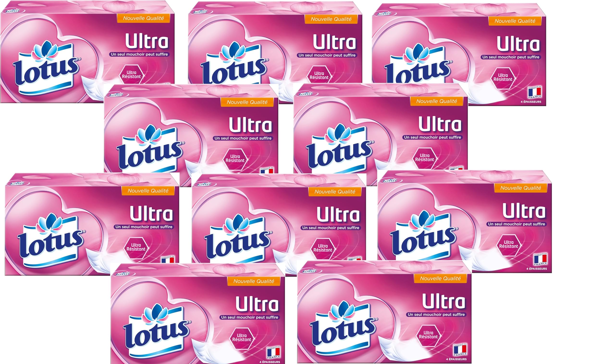 Lotus Ultra Résistant 720 Mouchoirs blanc en boîte (Lot de 10 Boîtes x 72 Mouchoirs) 4 épaisseurs pour plus de confort - Offre Spéciale