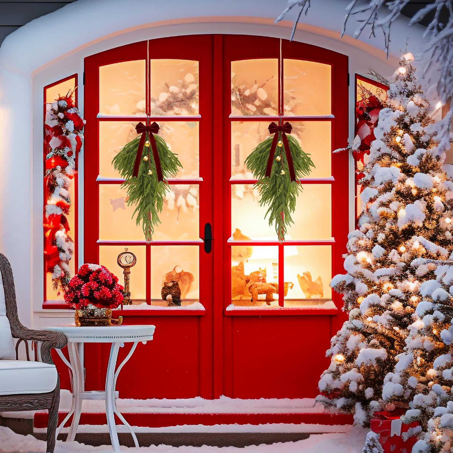 2 Pcs Christmas Teardrop Swag 24" Extra Norfolk Pine Swag with Bell Velvet Bow Teardrop Wreath for Rustic Door Window Mantle Fireplace Wall Indoor Outdoor Home Decor (red)