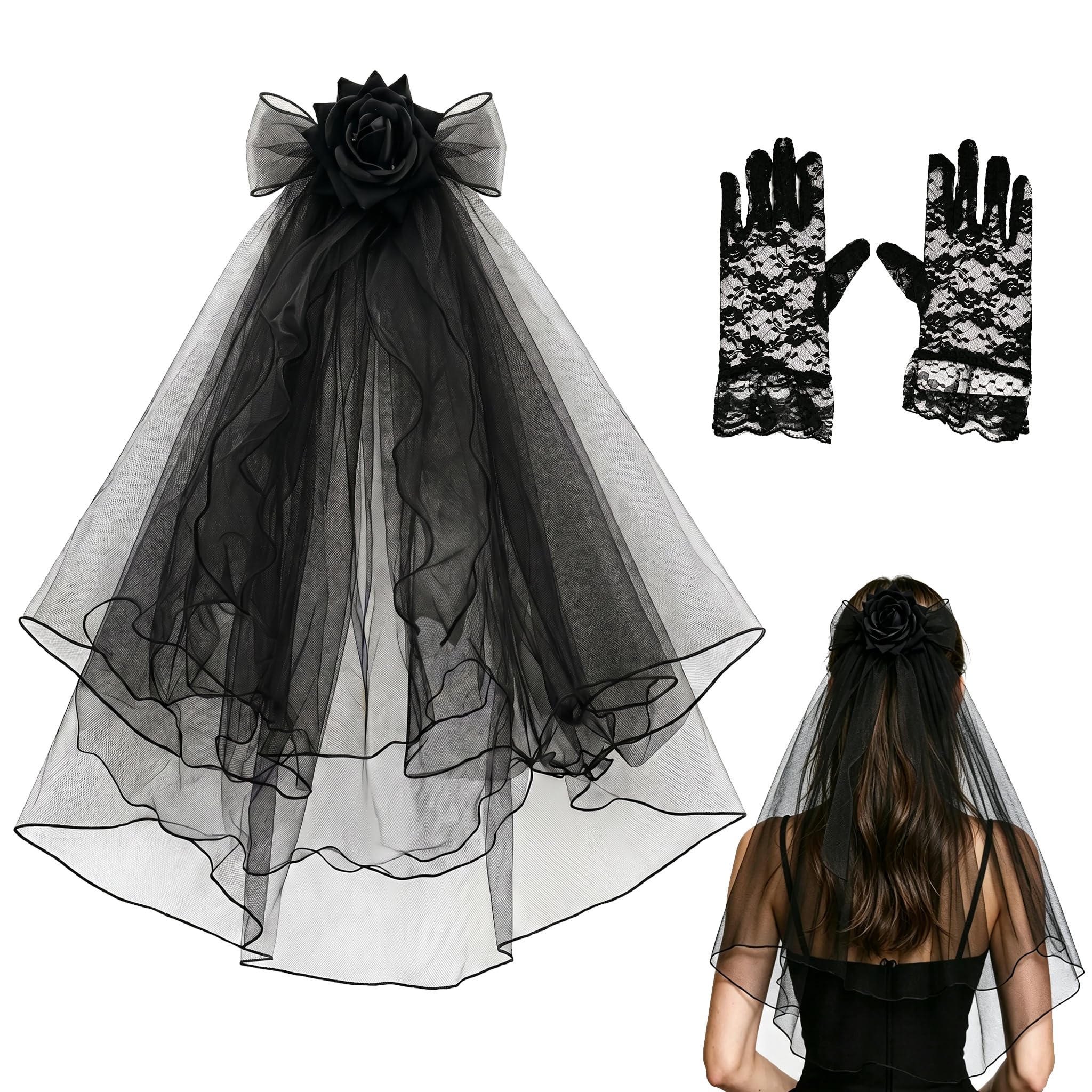 2PCS Halloween Hair Accessories Woman, Black Lace Veil & Gloves Set, Elegan Headband for Day of the Dead, Lightweight Gothic Headpiece, Vampire Halloween Hairband, Dead Bride Costume for Party — image 1