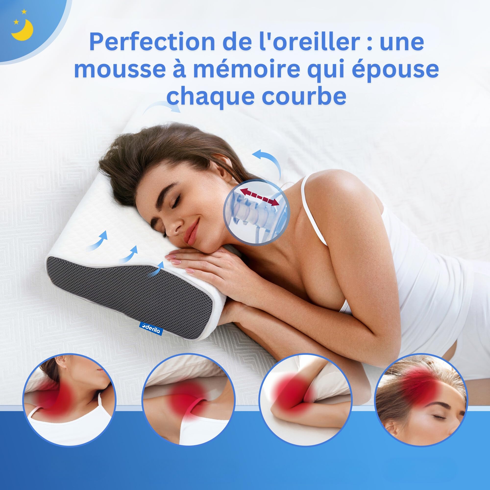 Derila Oreiller Mémoire de Forme Queen Size Cervical Rafraîchissant | Forme papillon, Taille Queen 50x30x6/10 cm, Housse amovible lavable en machine, Se déploie en 24h après déballage