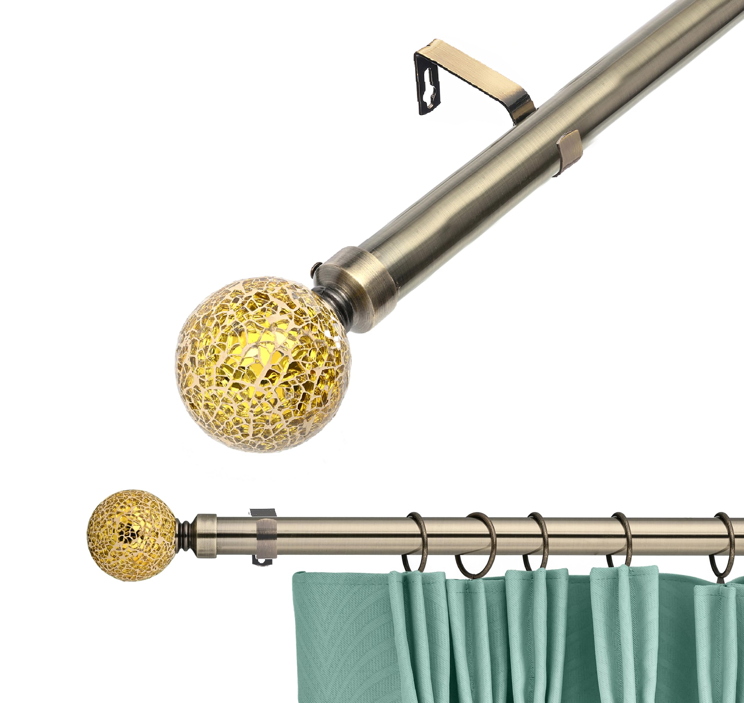 Lister Cartwright 28mm Antique Brass Adjustable Telescopic Extendable Metal Curtain Pole Set with Crackle Glass Finial Voile Easy fit to Outdoor, Bedroom, Living Room (120-210 cm) โ image 1