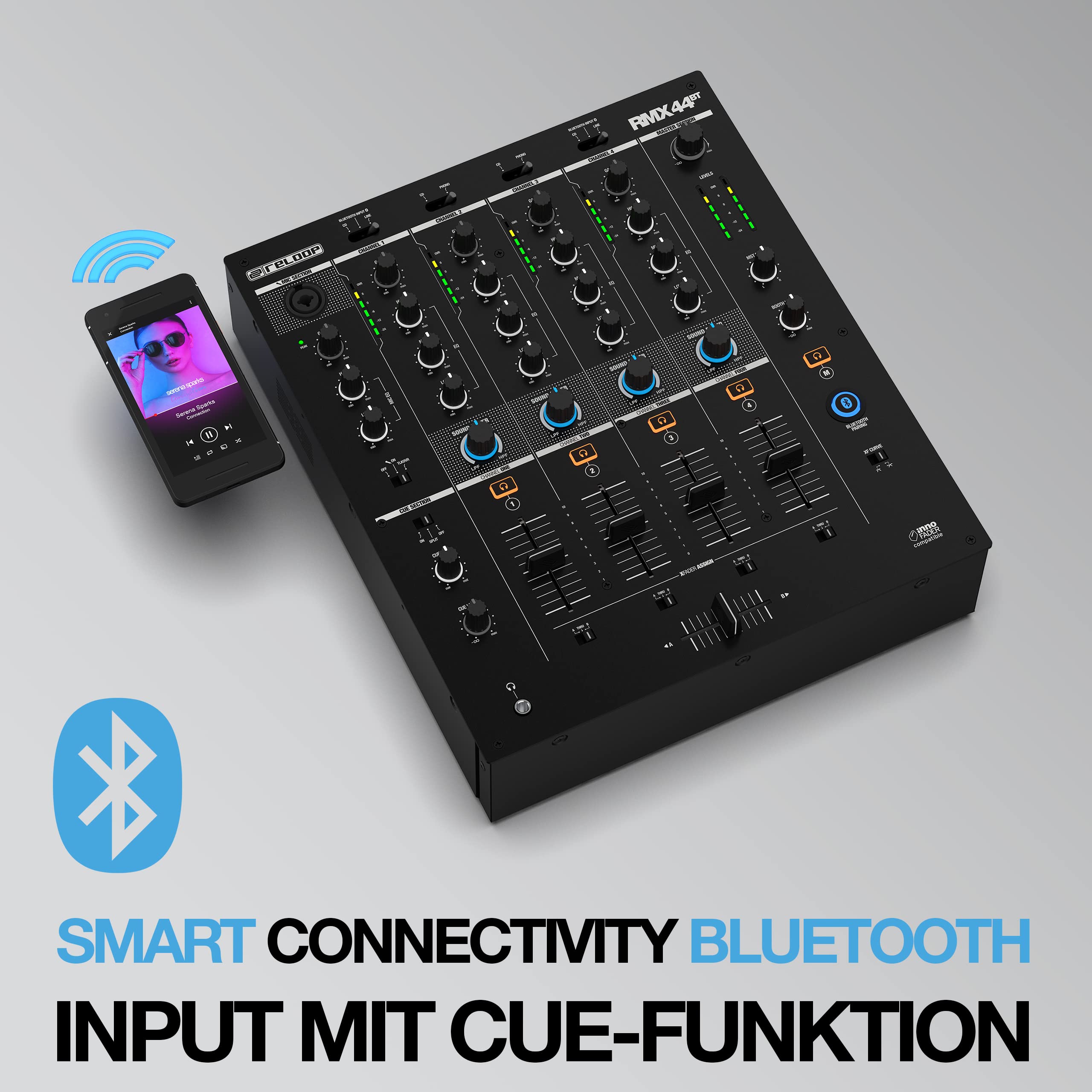 Reloop RMX-44 BT 4-Kanal-Bluetooth-DJ-Clubmixer, 9 Eingänge, 4 Ausgänge, Smart Connectivity Bluetooth Input mit Cue-Funktion