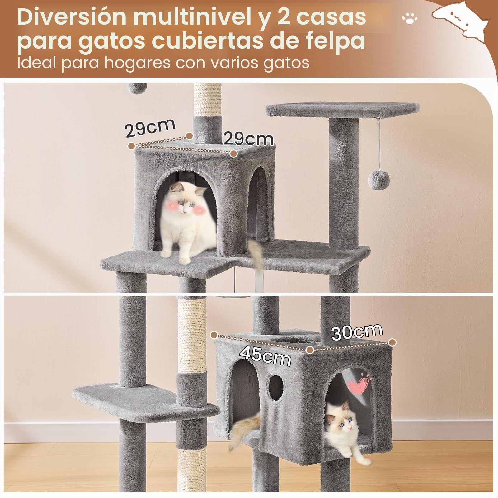 MSmask Árbol de gatos grande, L Árbol para gatos estable, árbol de rascar para gatos con 2 plataformas, 2 cuevas para gatos, hamaca, columnas de sisal, árbol de escalada de varios pisos para gatos