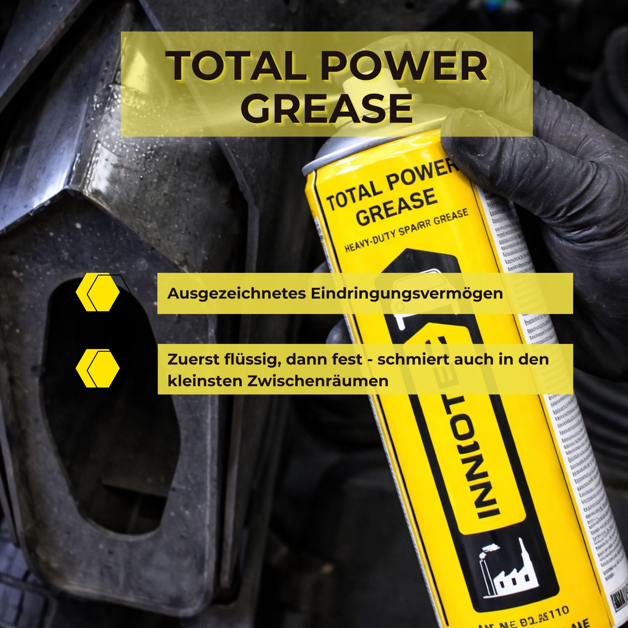 4 Stück INNOTEC Total Power Grease 500 ml – nahezu transparentes, extrem Druck- & temperaturbeständiges Sprühfett, gutes Eindringvermögen, säurefrei, wasserabweisend, zur Schmierung von Metallteilen