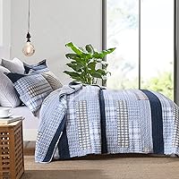 Vista 2 de Finlonte Edredón tamaño Queen, 100 % algodón, colchas tamaño Queen a cuadros azules, beiges y blancas, colcha ligera, suave, transpirable
