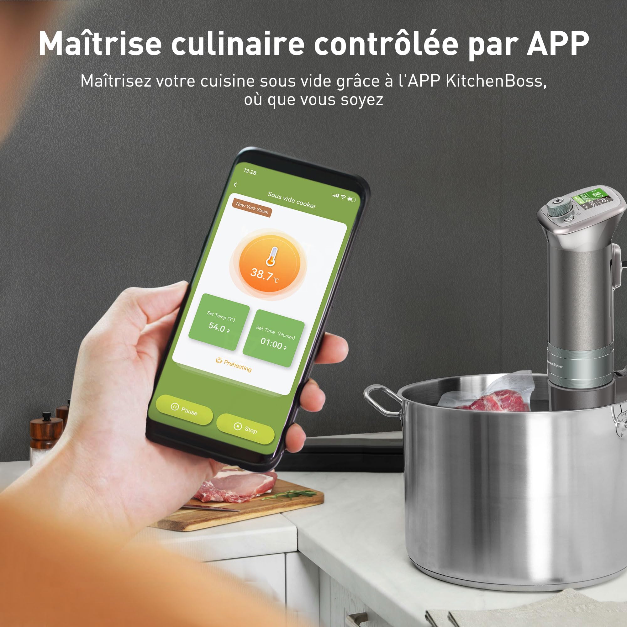 KitchenBoss Thermoplongeur Cuiseur Sous Vide WIFI：Cuisson Sous vide APP Contrôle, Calculateur d'Immersion de Cuisinière, 40℃-90℃ Contrôle Précis de la Température, TFT, IPX7, 1100