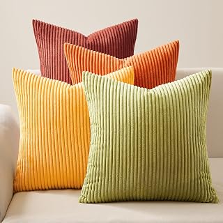 Topfinel Burnt Orange Corduroy Throw Pillow Covers 18x18 Set of 4 - Fall Yellow Green Gradient Striped for Couch Sofa Bedroom Decor