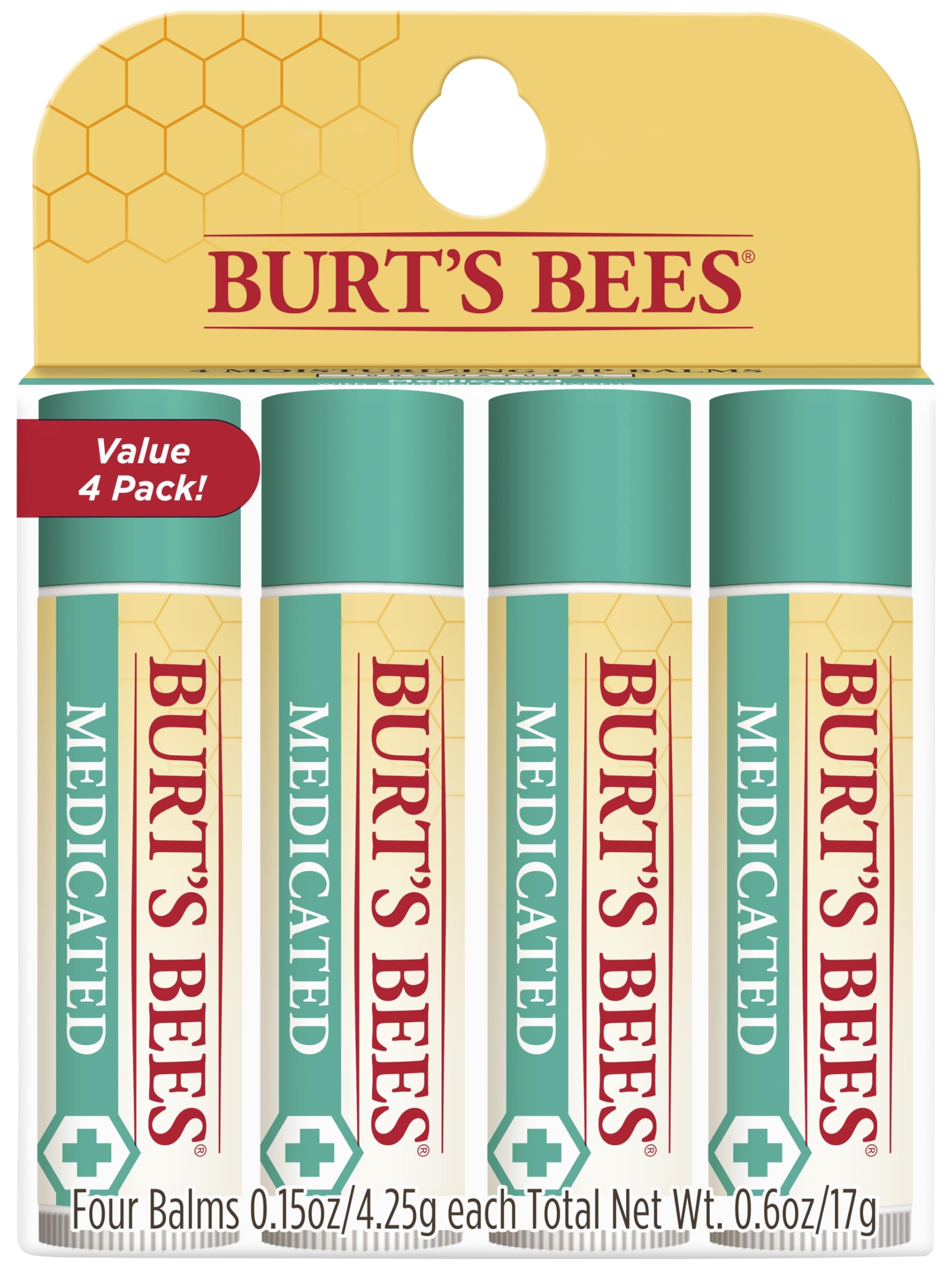 Burt's Bees Lip Balm Stocking Stuffers, Moisturizing Lip Care Christmas Gifts, for Dry Chapped Lips, Medicated with Menthol & Eucalyptus, Natural Origin Lip Care (4-Pack)
