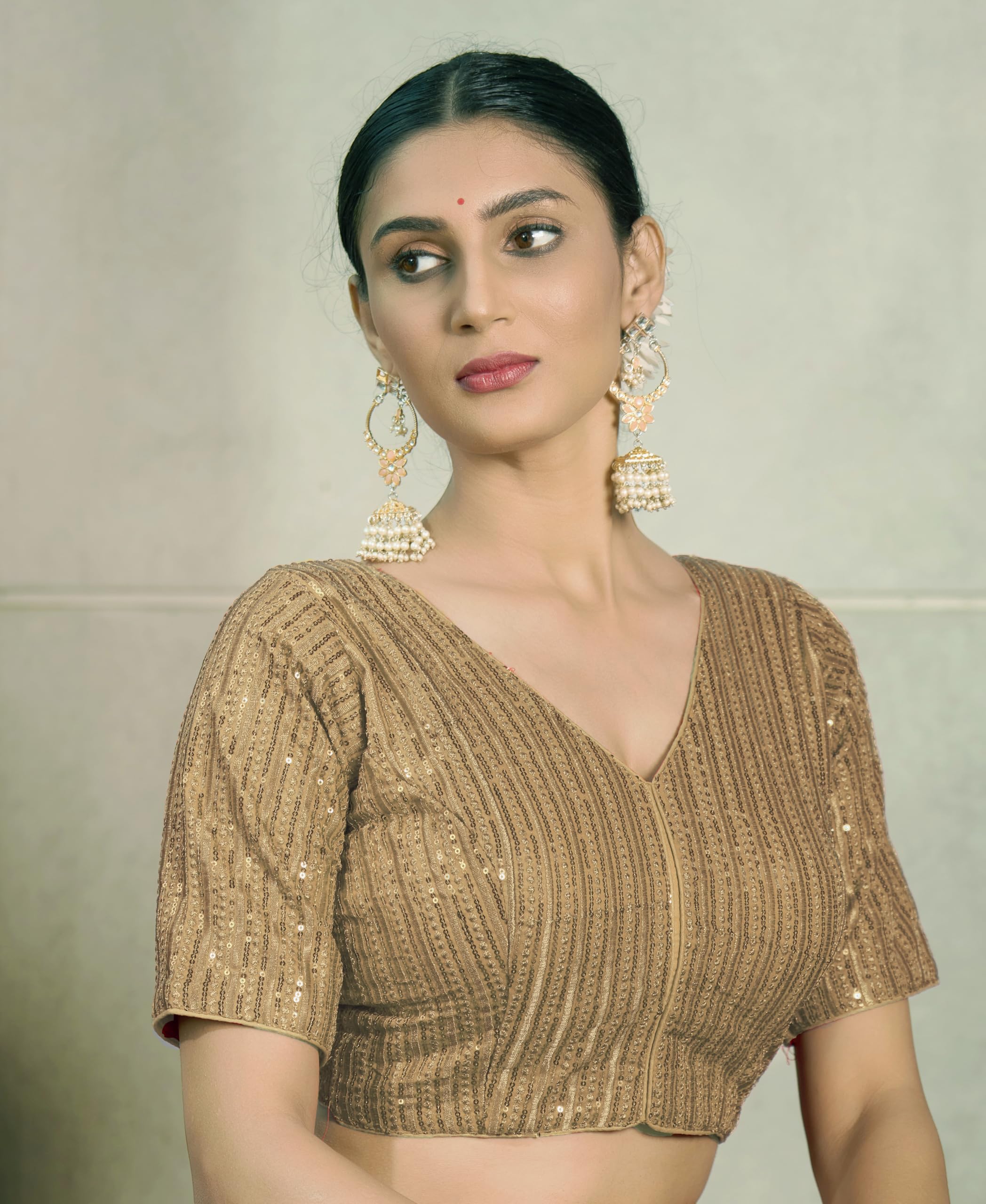 Vihu Fashion Women's Indian Ethnic Wear Designer Silver Sequence With Matching Embroidered Work V Neck Half Sleeve Readymade Padded Saree Blouse Readymade Unique Gold Color Saree Blouse