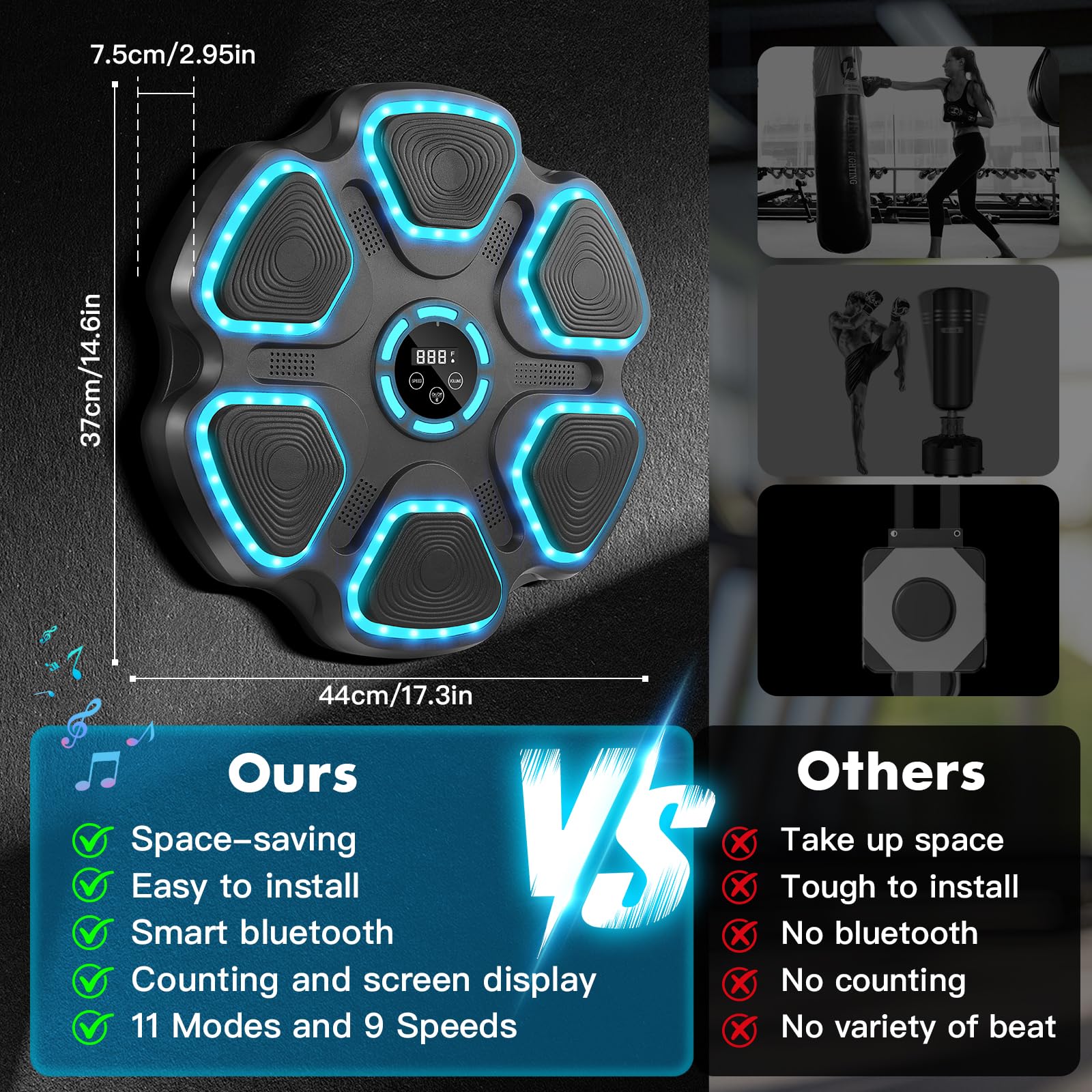 WYRIAZA Machine De Boxe Musicale Pour Adultes Et Enfants, Music Boxing Machine Bluetooth Avec Gants De Boxe, LED Boxe Mural Musique Avec 11 Modes Et 9 Vitesses Pour Entraînement à La Maison