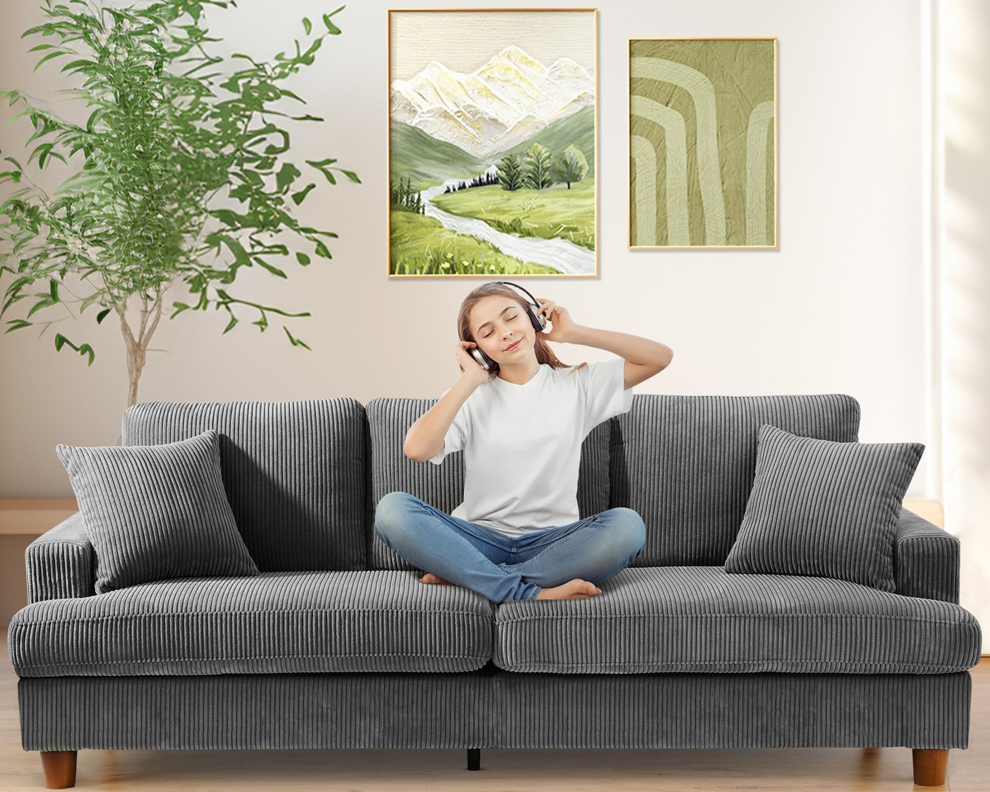 Kidirect 87in Corduroy Couch, 3 Seater Sofa, Sofas &amp; Couches, Grey Couch