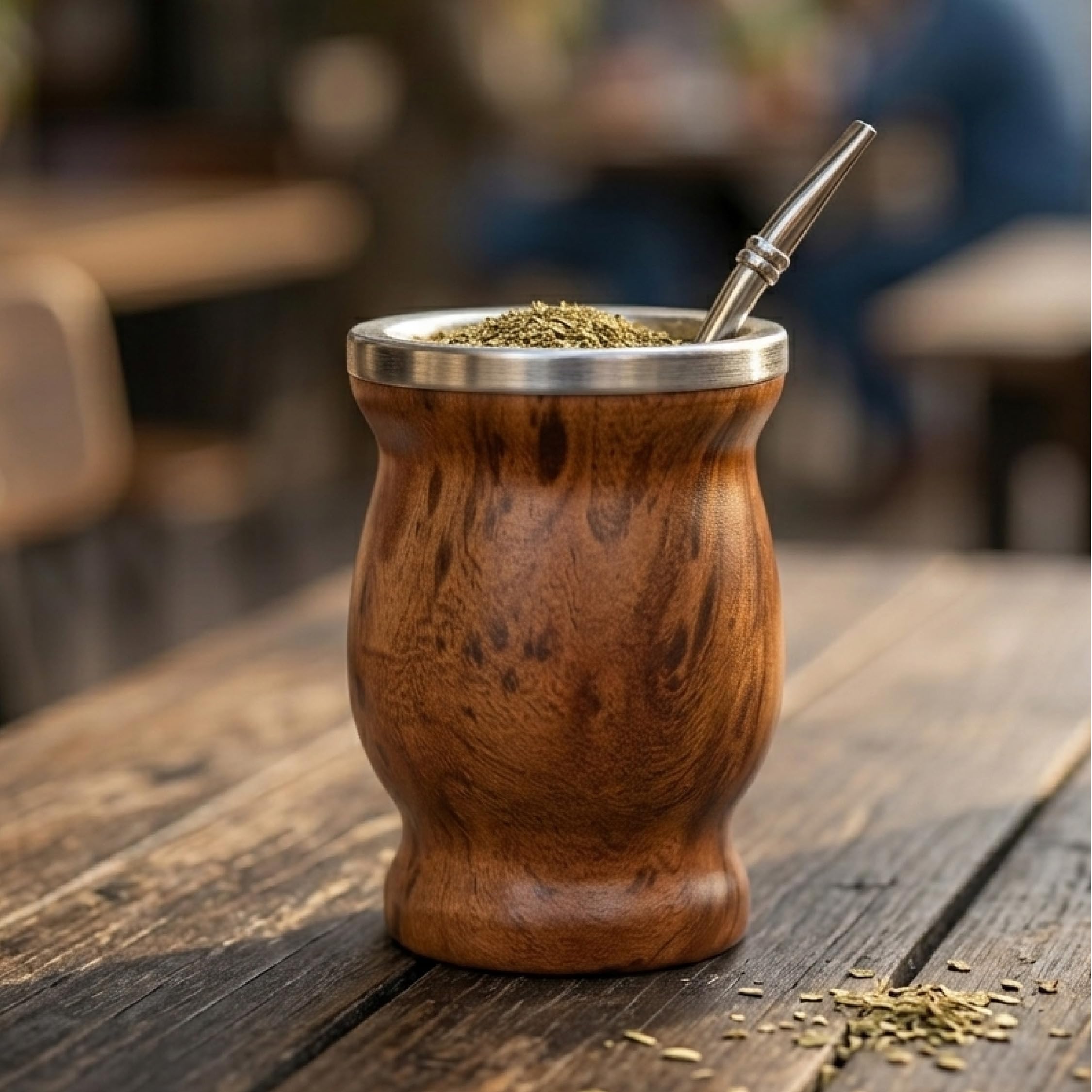 balibetov Mate Argentino - Kit Vaso para Mate de Doble Pared de Acero Inoxidable, Dos Bombillas y cepillo para Limpiar la Bombilla, resistente y elegante (Madera)