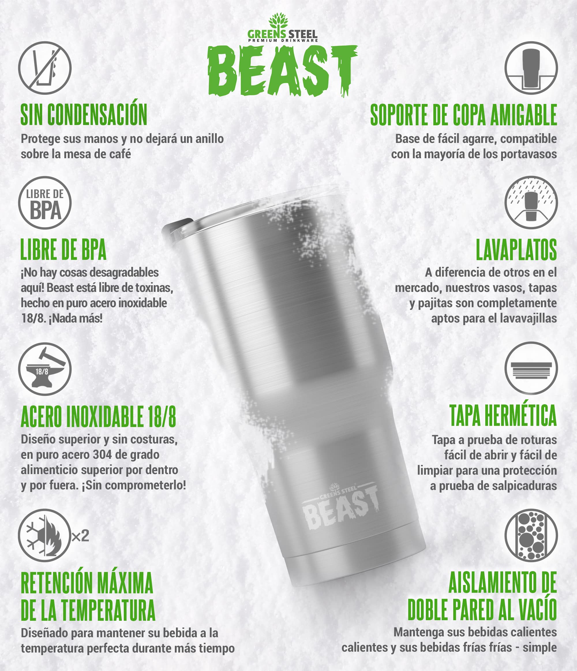 Greens Steel Beast Tumbler – 900 ml (30 oz), Negro Mate | Vaso de acero inoxidable reutilizable con aislamiento al vacío | con 2 pajitas y cepillo de limpieza | Termo de viaje de doble pared - 5